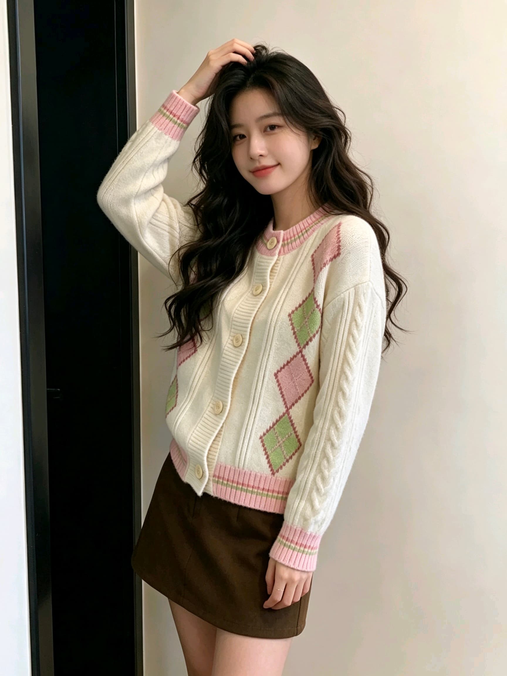 아메리칸 레트로 링 체크무늬 배색 라운드 넥 스웨터 여자 봄 가을 학원 달콤한 스타일 부드러운 찹쌀 니트 오픈 가디건 맨위 상세 이미지 3