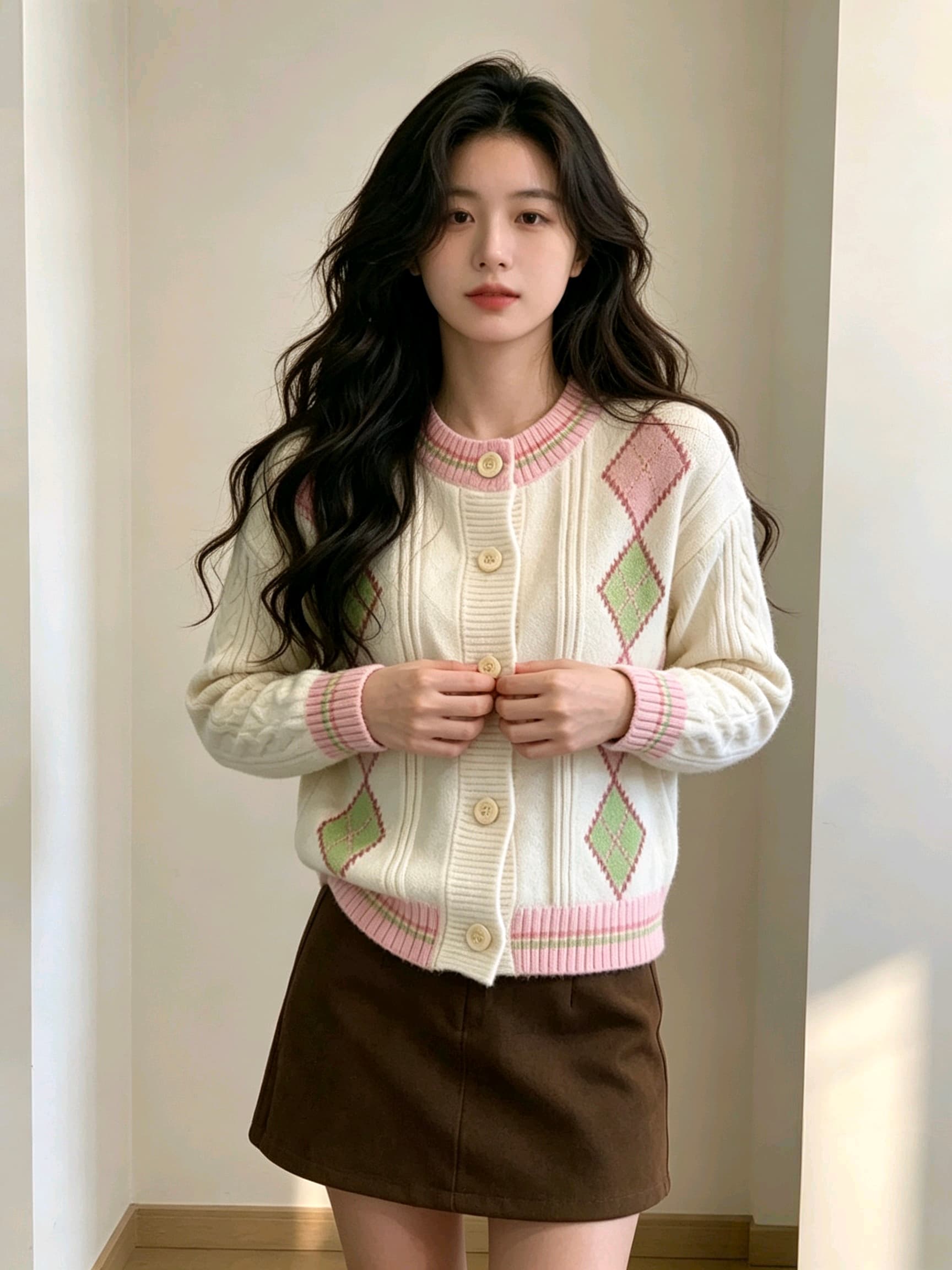아메리칸 레트로 링 체크무늬 배색 라운드 넥 스웨터 여자 봄 가을 학원 달콤한 스타일 부드러운 찹쌀 니트 오픈 가디건 맨위 상세 이미지 4