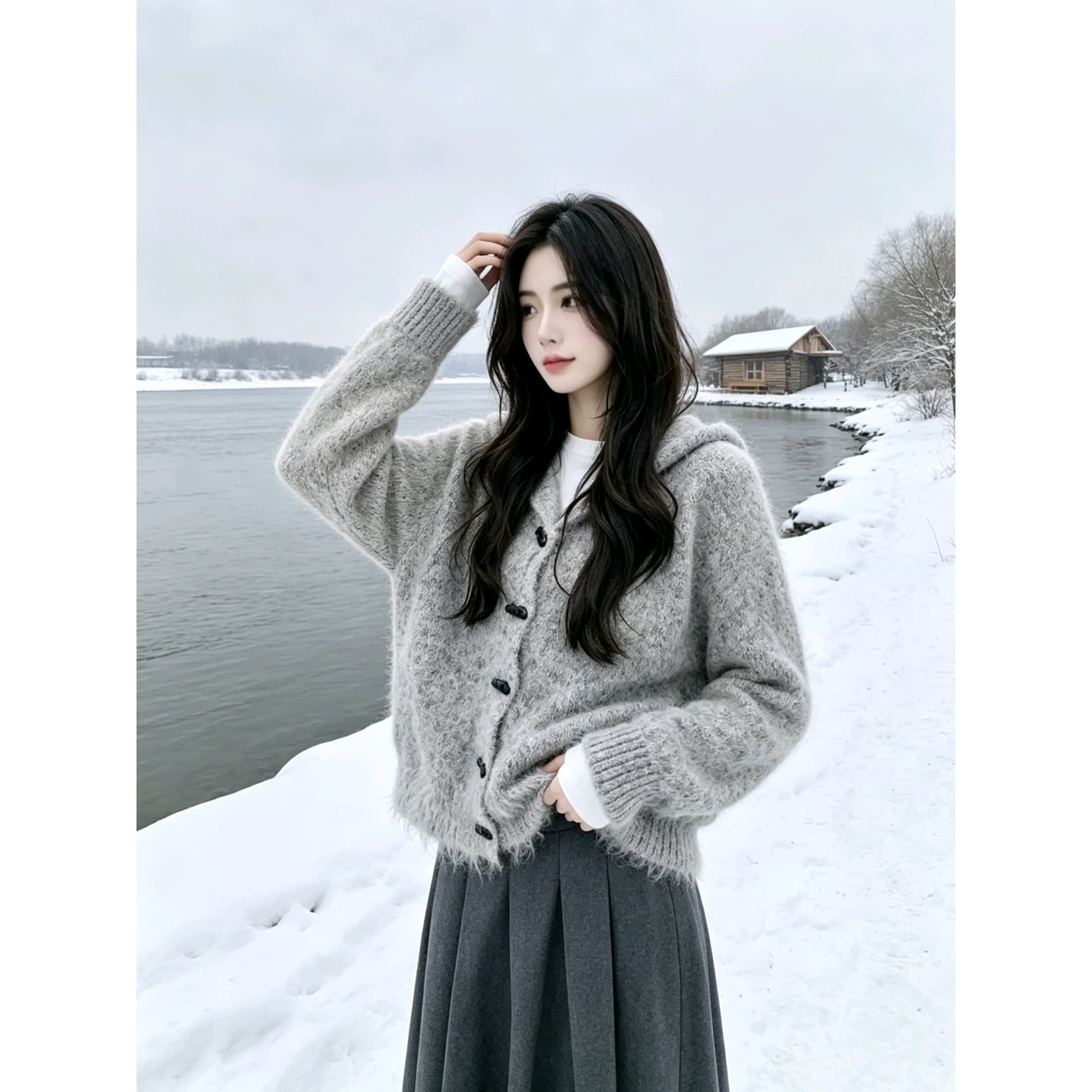 이른 가을 부드러운 찹쌀 루즈핏 후드 스웨터 여자 재킷 느긋한 보온 프로 피부 소뿔 버클 긴팔 니트 오픈 가디건 맨위 이미지 5
