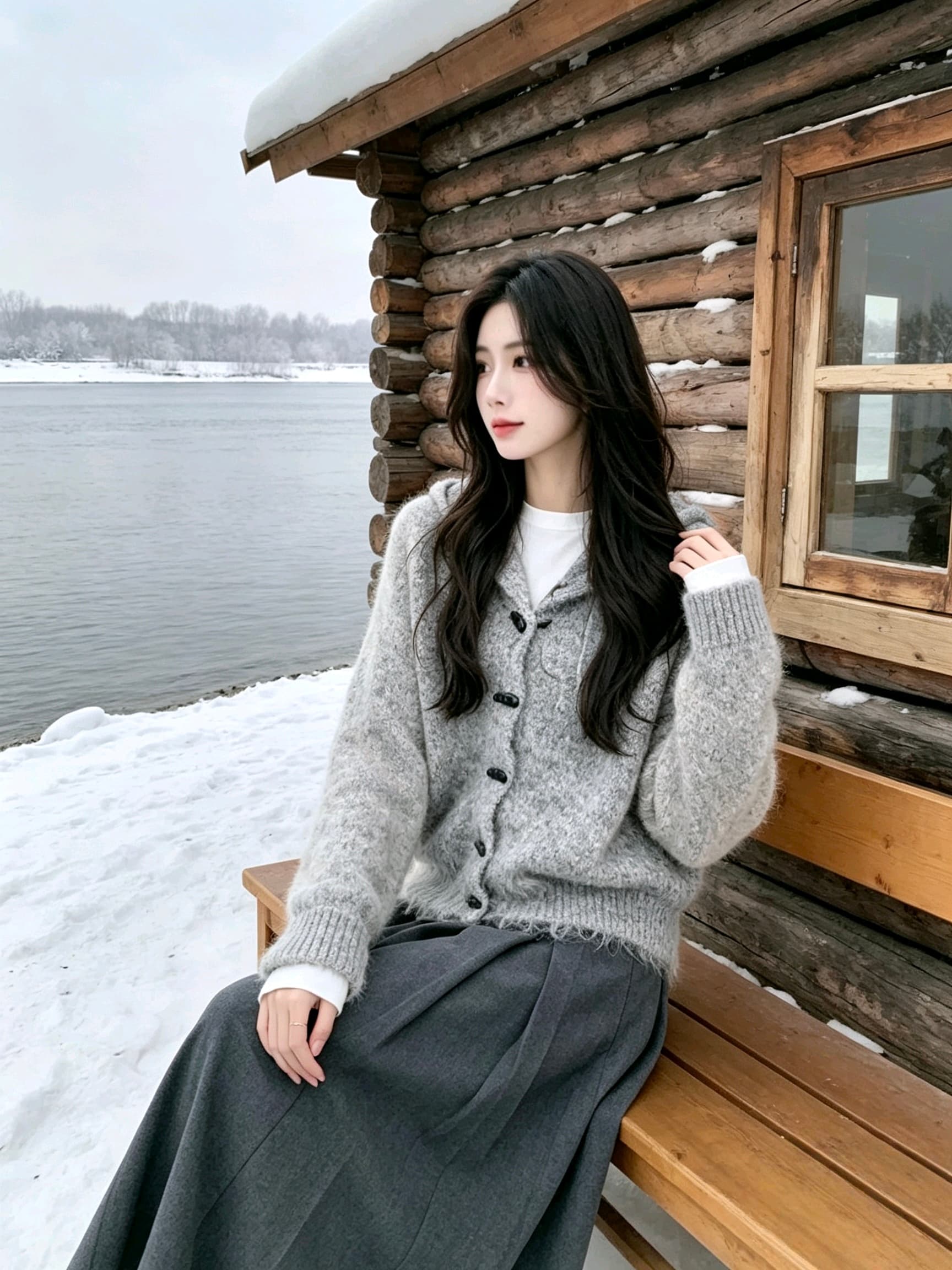 이른 가을 부드러운 찹쌀 루즈핏 후드 스웨터 여자 재킷 느긋한 보온 프로 피부 소뿔 버클 긴팔 니트 오픈 가디건 맨위 상세 이미지 3