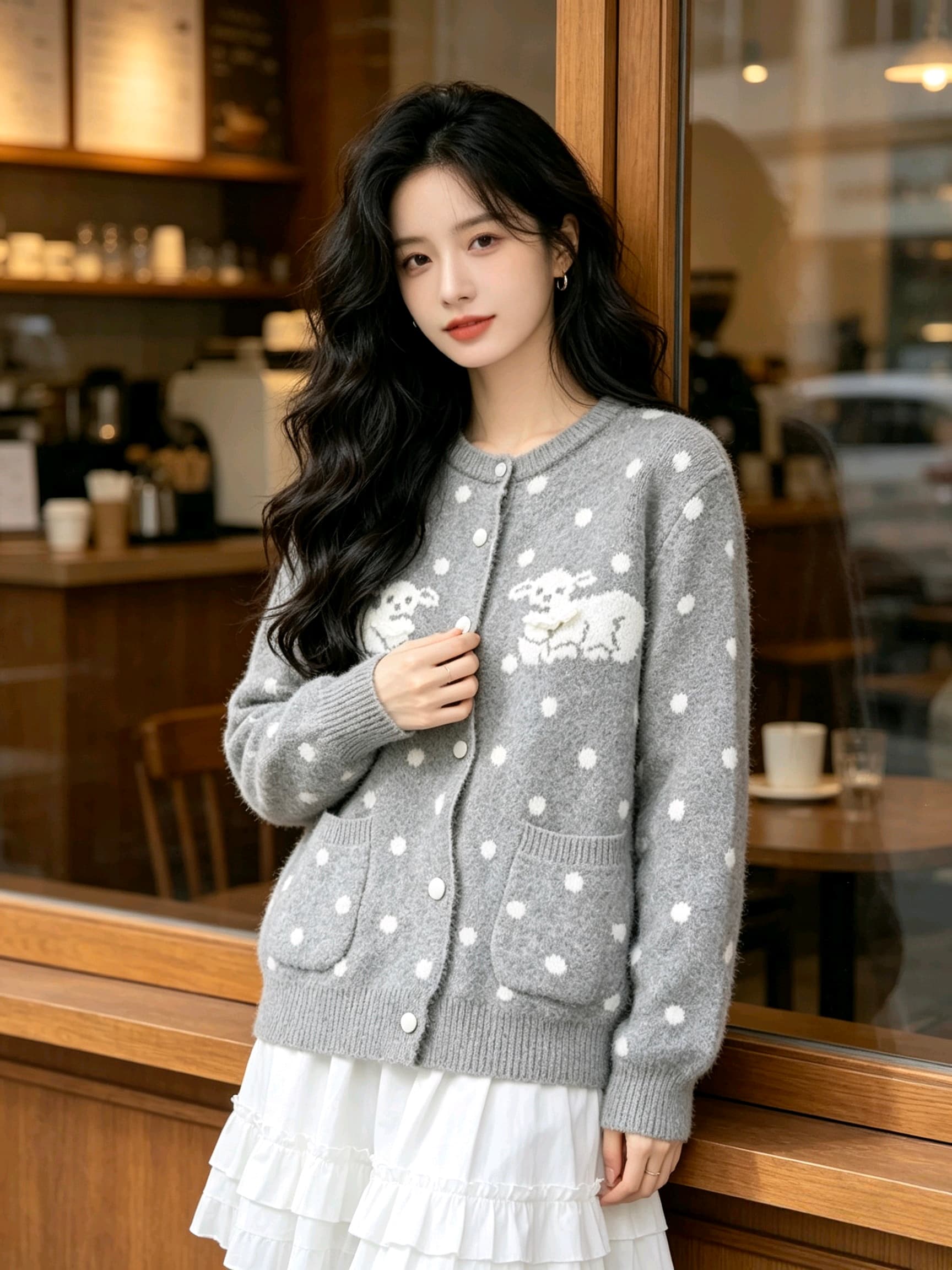 한 부서 레트로 도트 무늬 어린 양 자카드 니트 오픈 가디건 여성 가을 겨울 새로운 루즈핏 느긋한 바람 스웨터 코트 상세 이미지 1