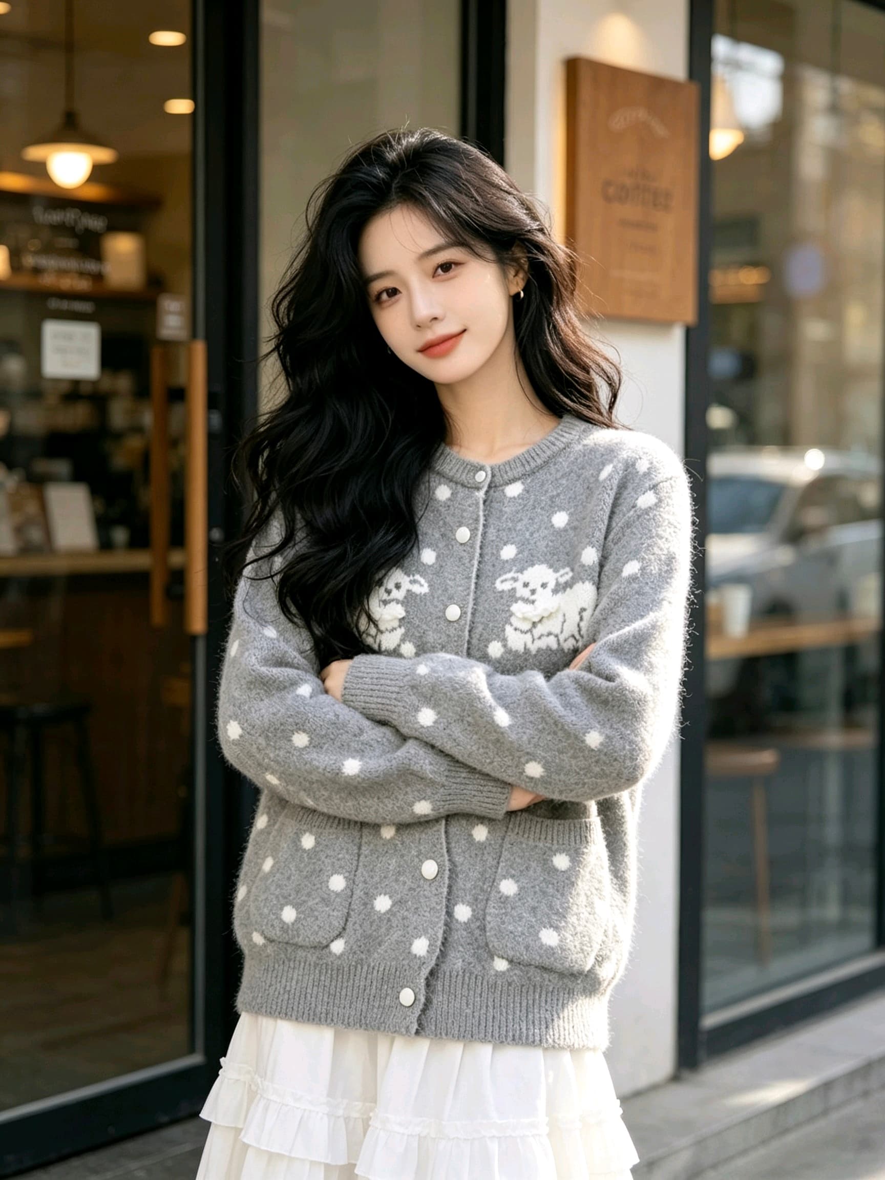 한 부서 레트로 도트 무늬 어린 양 자카드 니트 오픈 가디건 여성 가을 겨울 새로운 루즈핏 느긋한 바람 스웨터 코트 상세 이미지 2