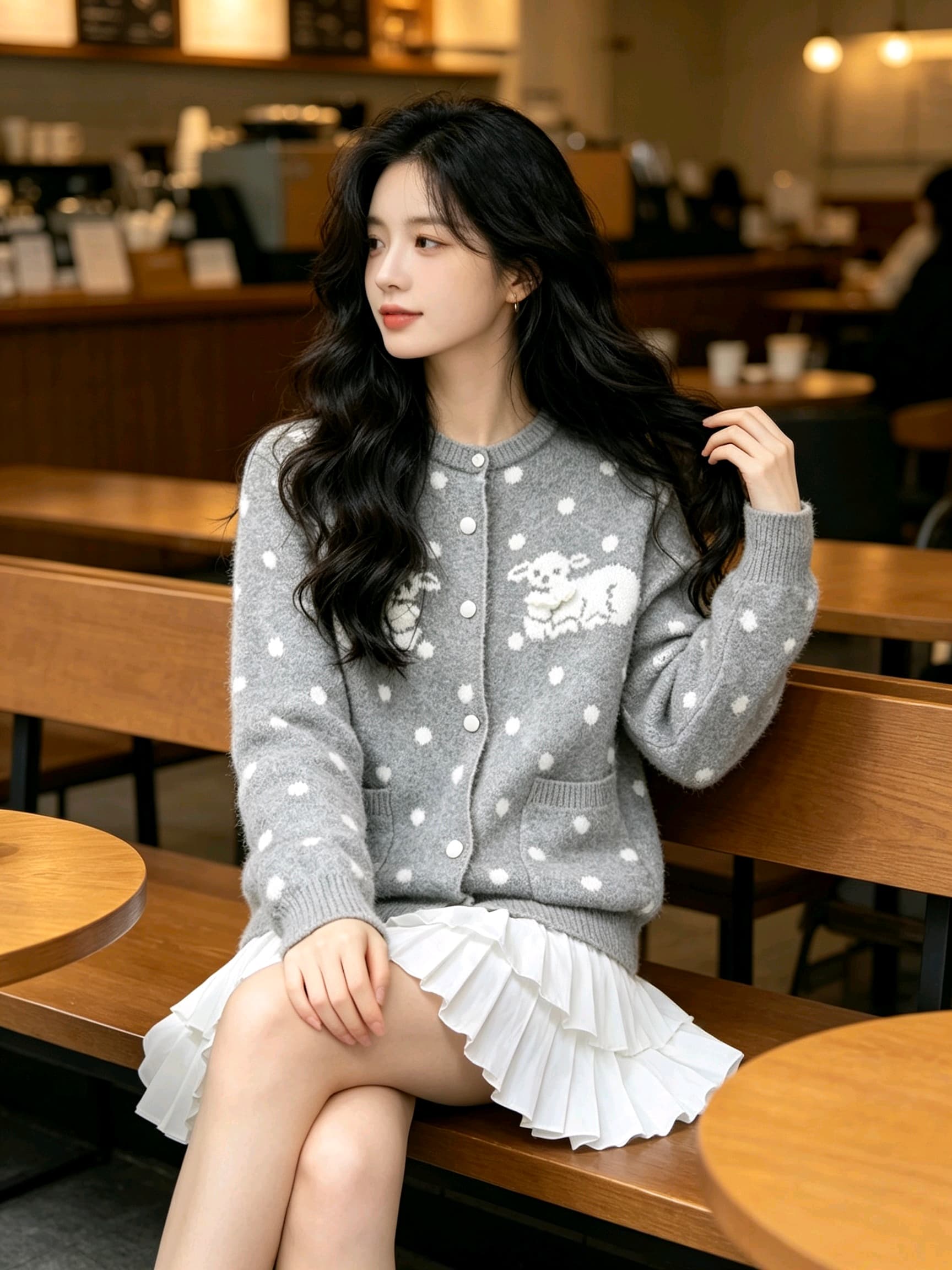 한 부서 레트로 도트 무늬 어린 양 자카드 니트 오픈 가디건 여성 가을 겨울 새로운 루즈핏 느긋한 바람 스웨터 코트 상세 이미지 3