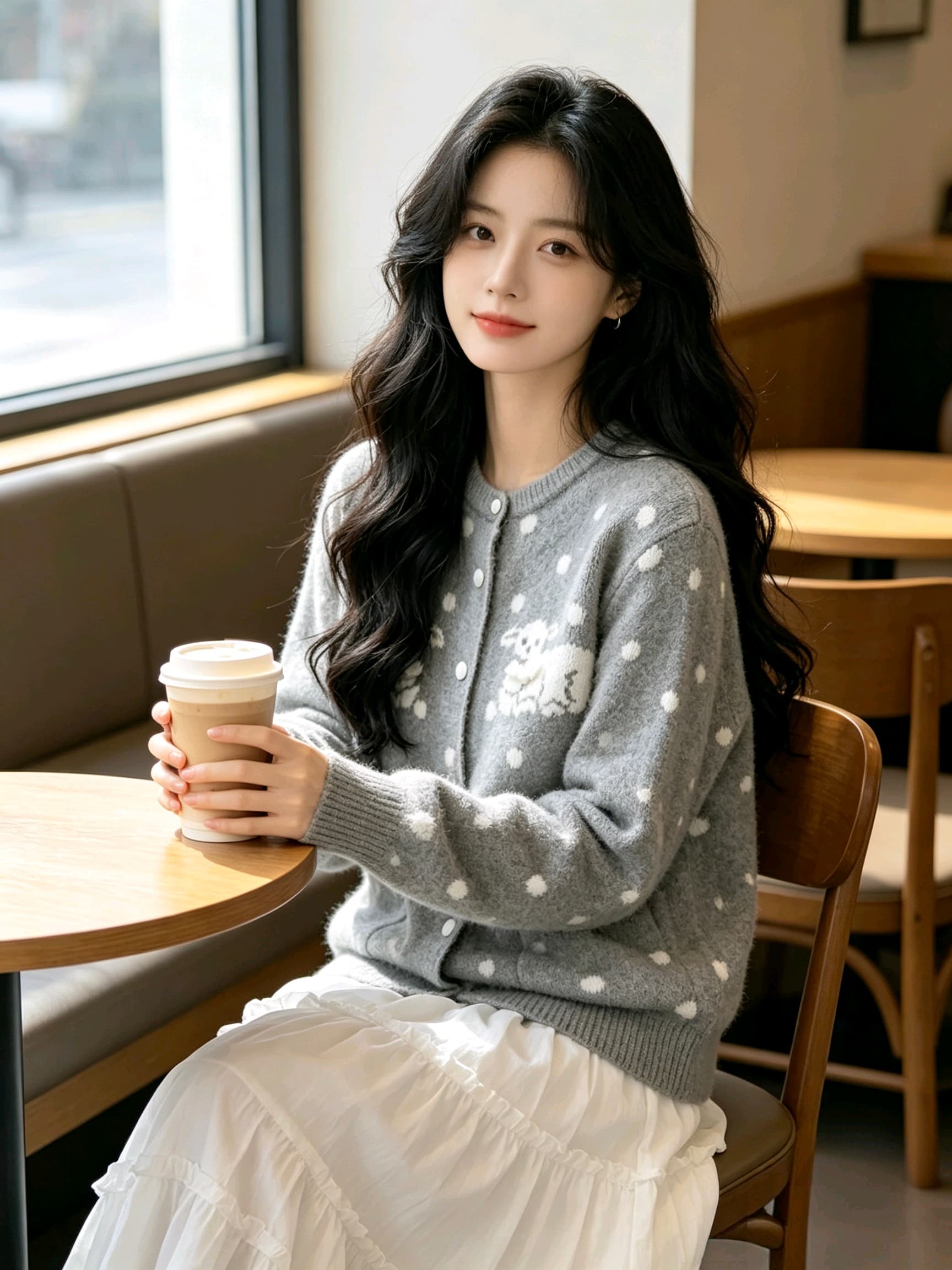 한 부서 레트로 도트 무늬 어린 양 자카드 니트 오픈 가디건 여성 가을 겨울 새로운 루즈핏 느긋한 바람 스웨터 코트 상세 이미지 4