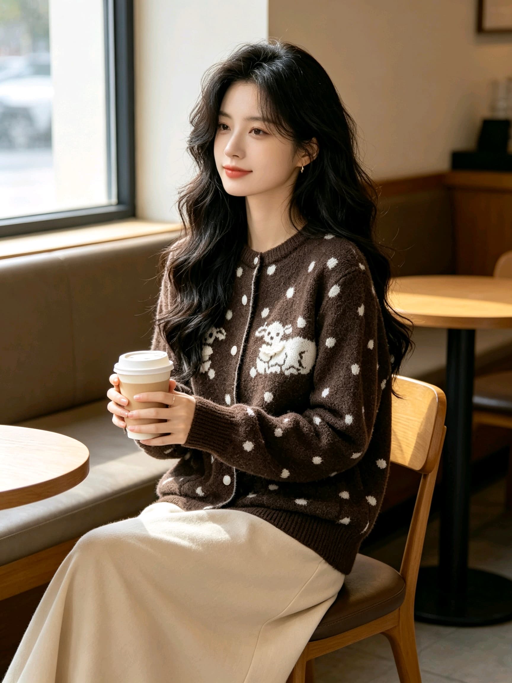 한 부서 레트로 도트 무늬 어린 양 자카드 니트 오픈 가디건 여성 가을 겨울 새로운 루즈핏 느긋한 바람 스웨터 코트 상세 이미지 8