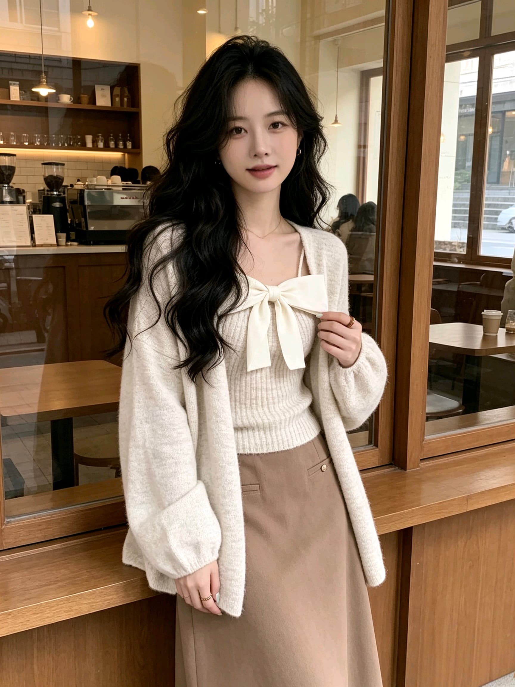 한 부서 부드러운 바람 느긋한 바람 니트 오픈 가디건 스웨터 나비 매듭 투피스 조끼 상세 이미지 3