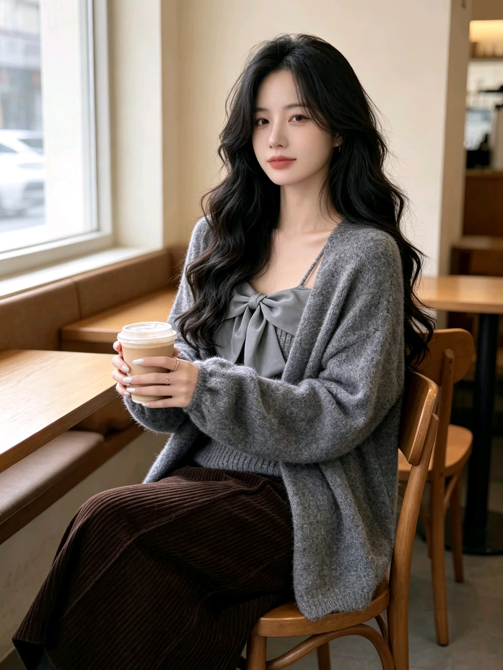 한 부서 부드러운 바람 느긋한 바람 니트 오픈 가디건 스웨터 나비 매듭 투피스 조끼 상세 이미지 6