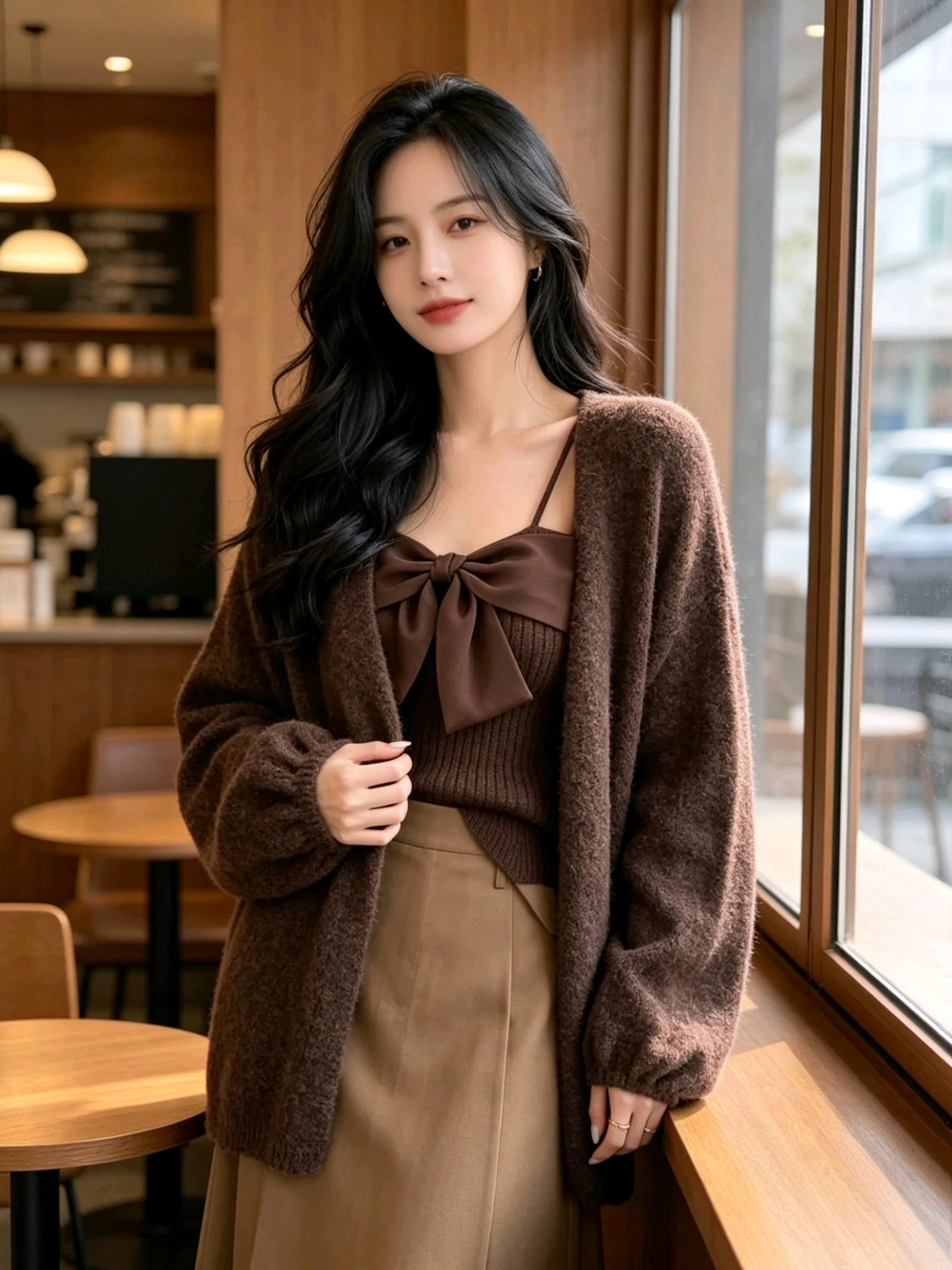 한 부서 부드러운 바람 느긋한 바람 니트 오픈 가디건 스웨터 나비 매듭 투피스 조끼 상세 이미지 12