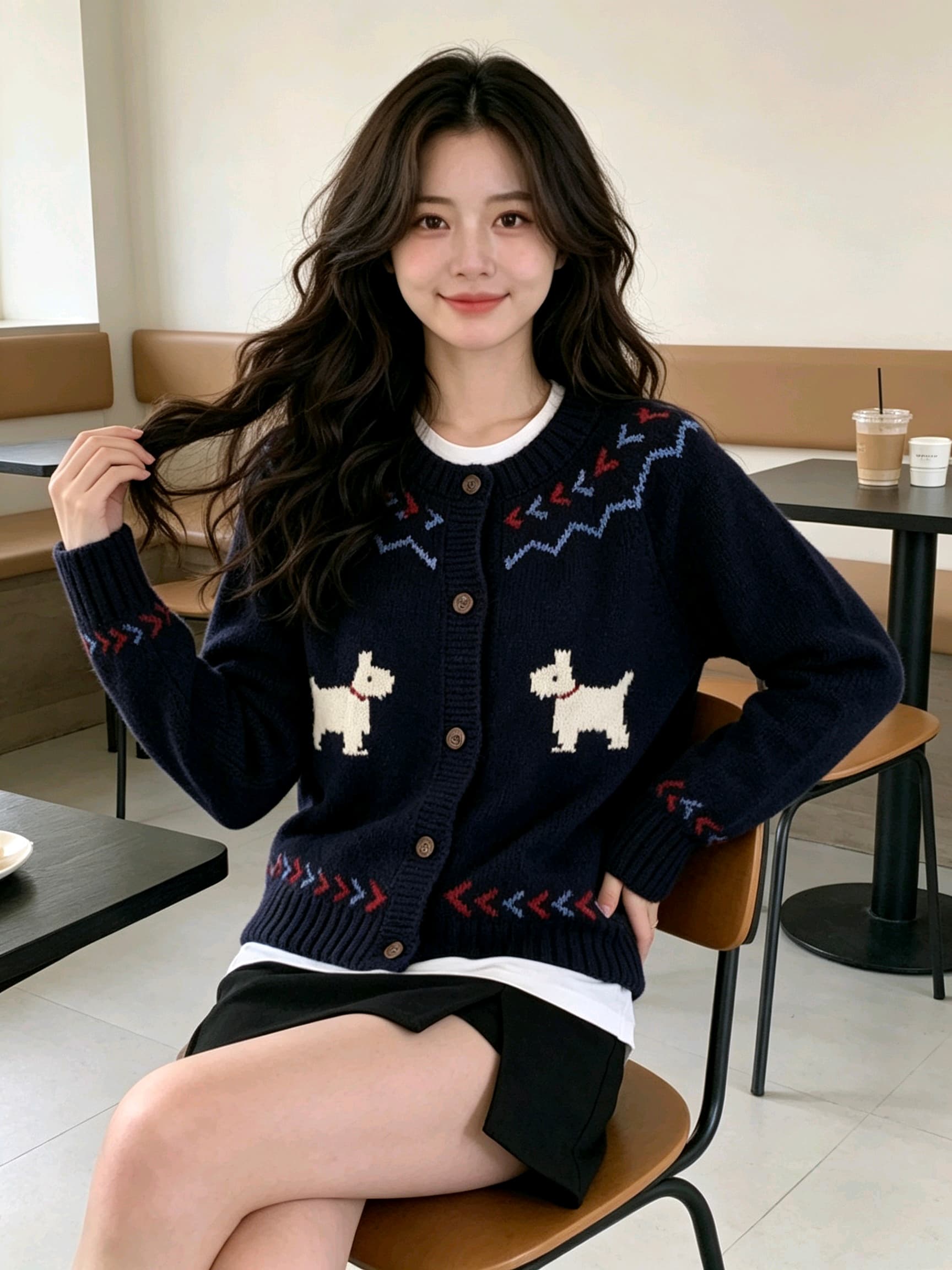 한 부서 만화 강아지 자카드 라운드 넥 싱글 줄 버튼 니트 맨위 여성 가을 겨울 루즈핏 슬림해 보이는 다용도 보온 스웨터 이미지 2