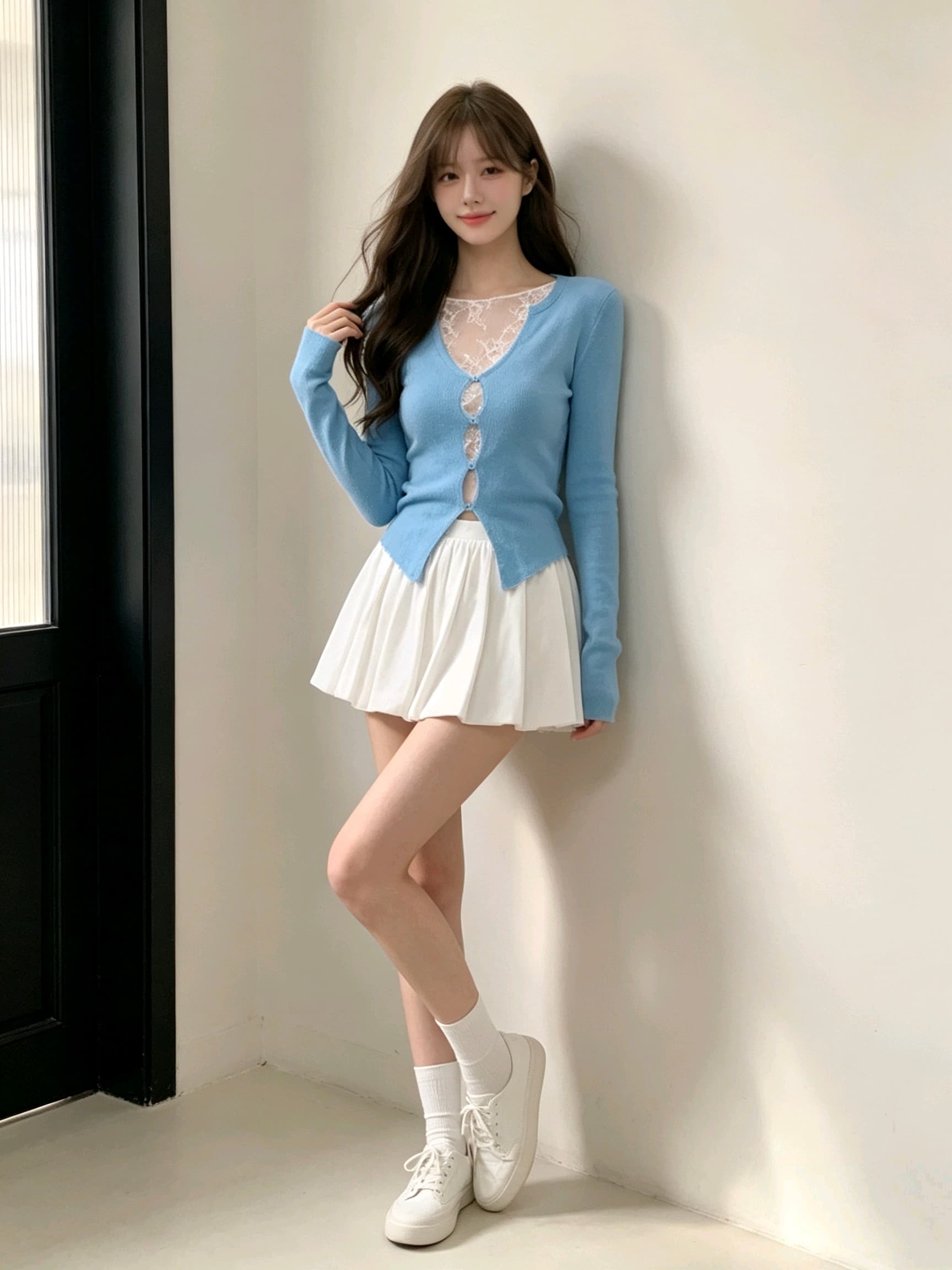 일본식 달콤함 파란색 레이스 조각 페이크 레이어드 니트 스웨터 여성 2026 가을 디자인 센스 외국 가스 연령 감소 맨위 상세 이미지 4