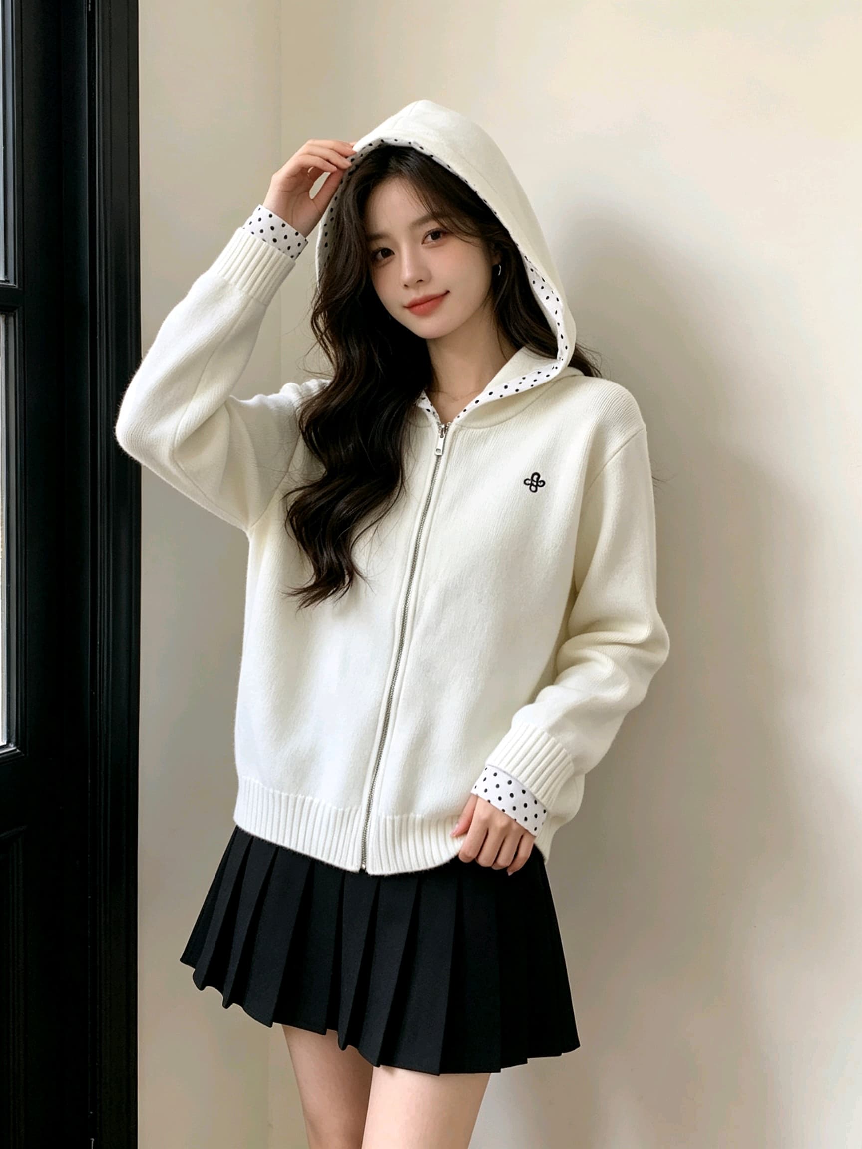 한 부서 느긋한 학원 스타일 후드 도트 무늬 패치워크 스웨터 오픈 가디건 여성 봄 가을 지퍼 니트 재킷 맨위 이미지 2