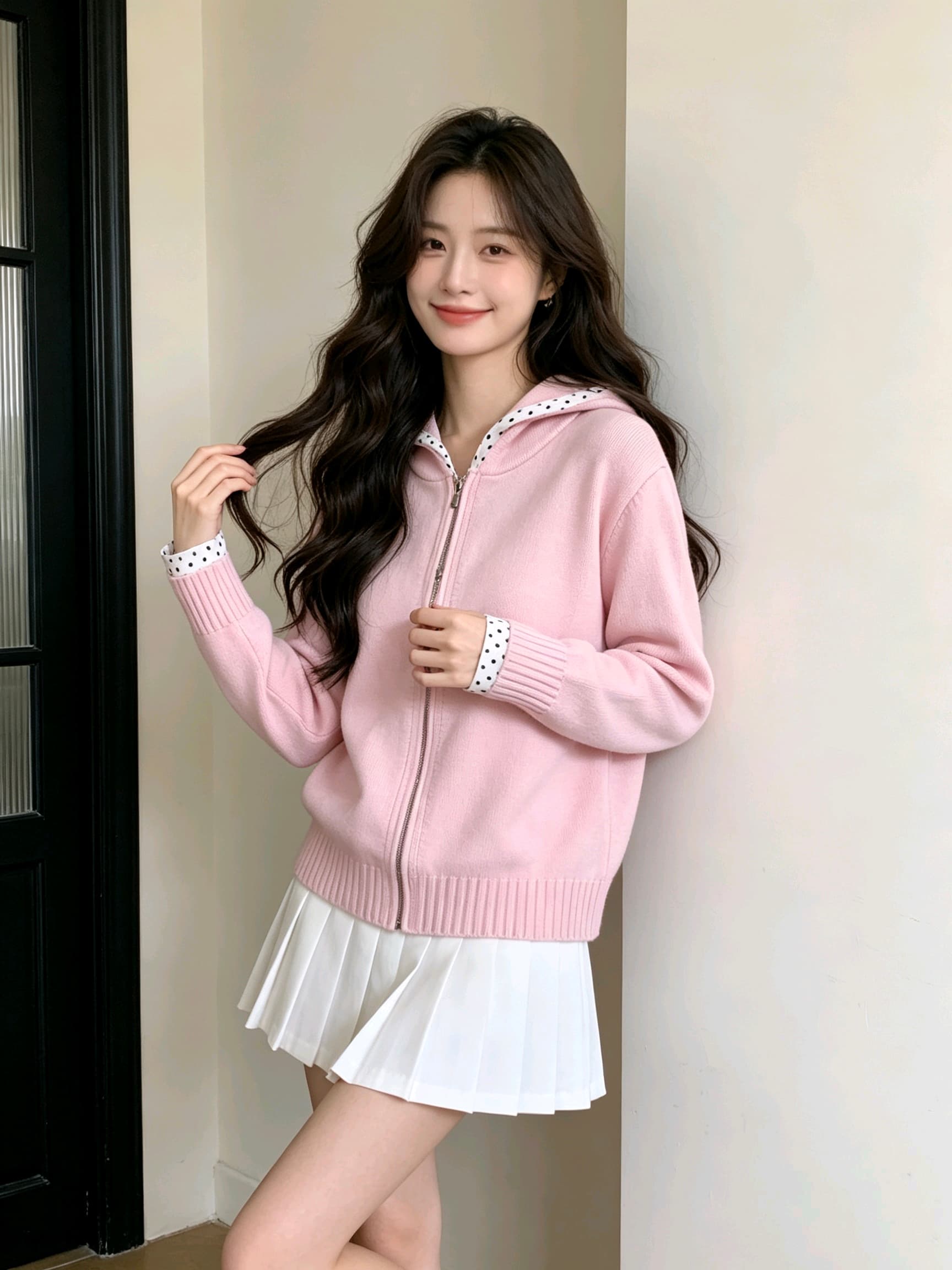 한 부서 느긋한 학원 스타일 후드 도트 무늬 패치워크 스웨터 오픈 가디건 여성 봄 가을 지퍼 니트 재킷 맨위 이미지 4