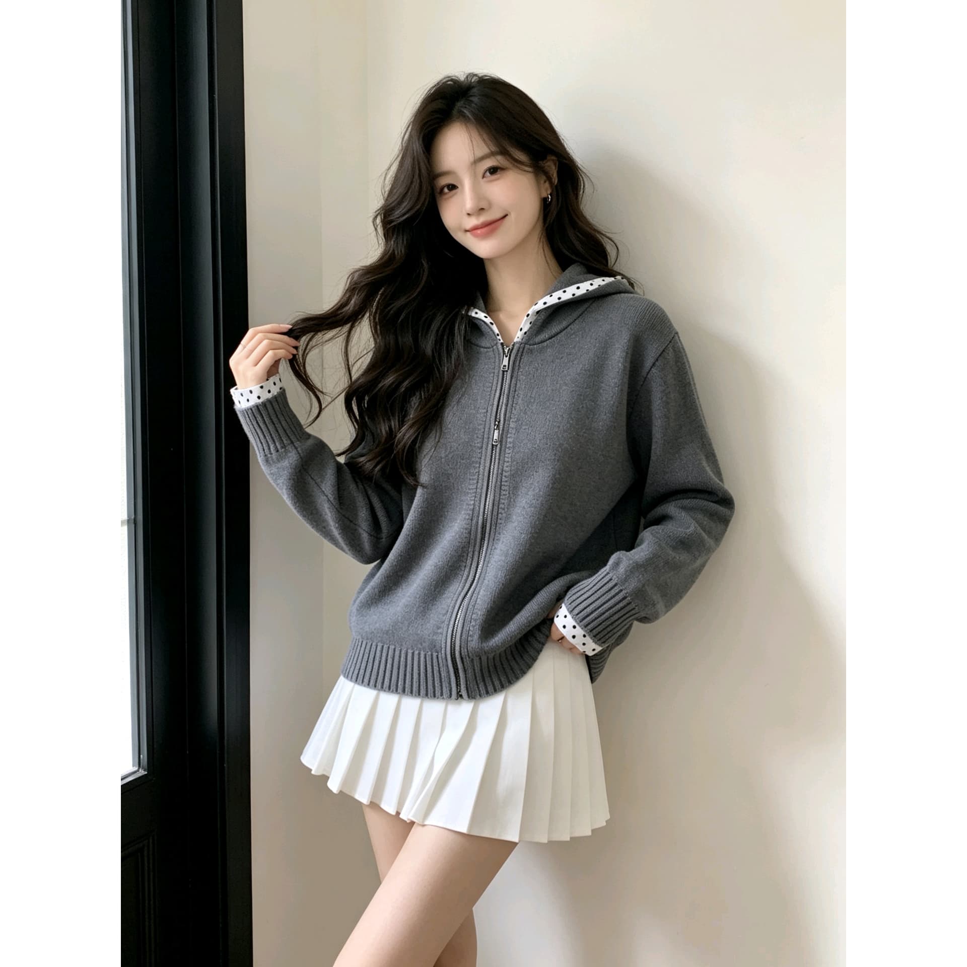 한 부서 느긋한 학원 스타일 후드 도트 무늬 패치워크 스웨터 오픈 가디건 여성 봄 가을 지퍼 니트 재킷 맨위 이미지 6