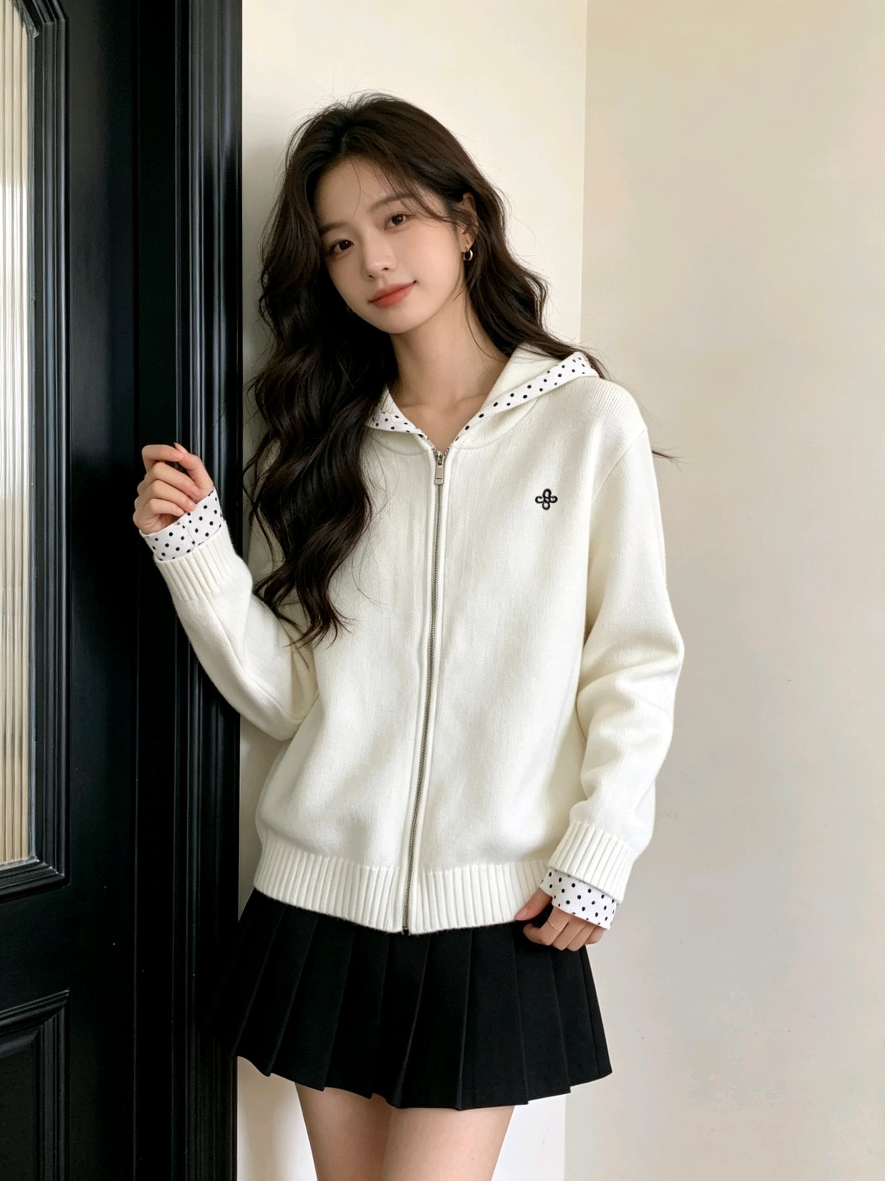 한 부서 느긋한 학원 스타일 후드 도트 무늬 패치워크 스웨터 오픈 가디건 여성 봄 가을 지퍼 니트 재킷 맨위 상세 이미지 3