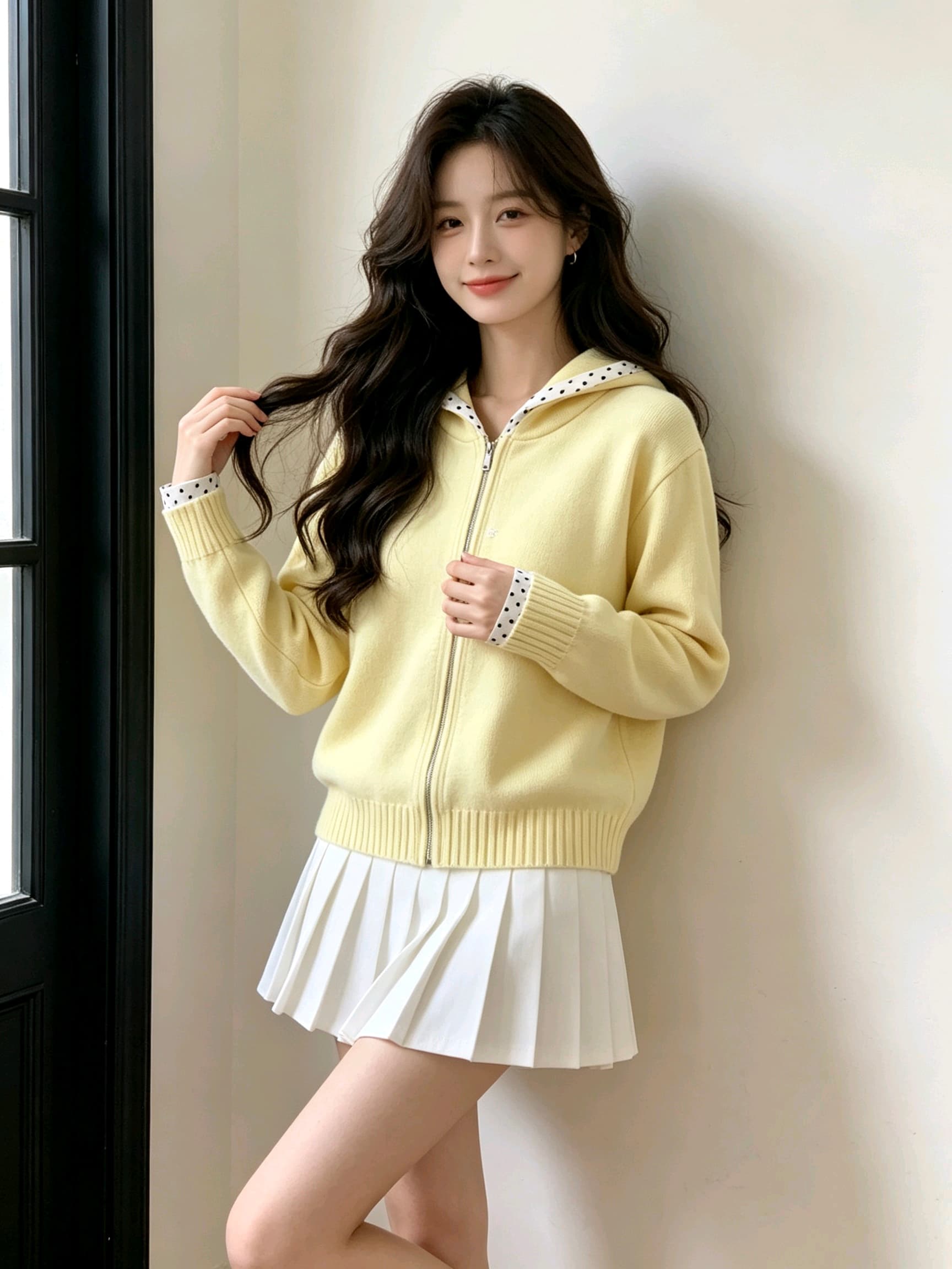 한 부서 느긋한 학원 스타일 후드 도트 무늬 패치워크 스웨터 오픈 가디건 여성 봄 가을 지퍼 니트 재킷 맨위 상세 이미지 6