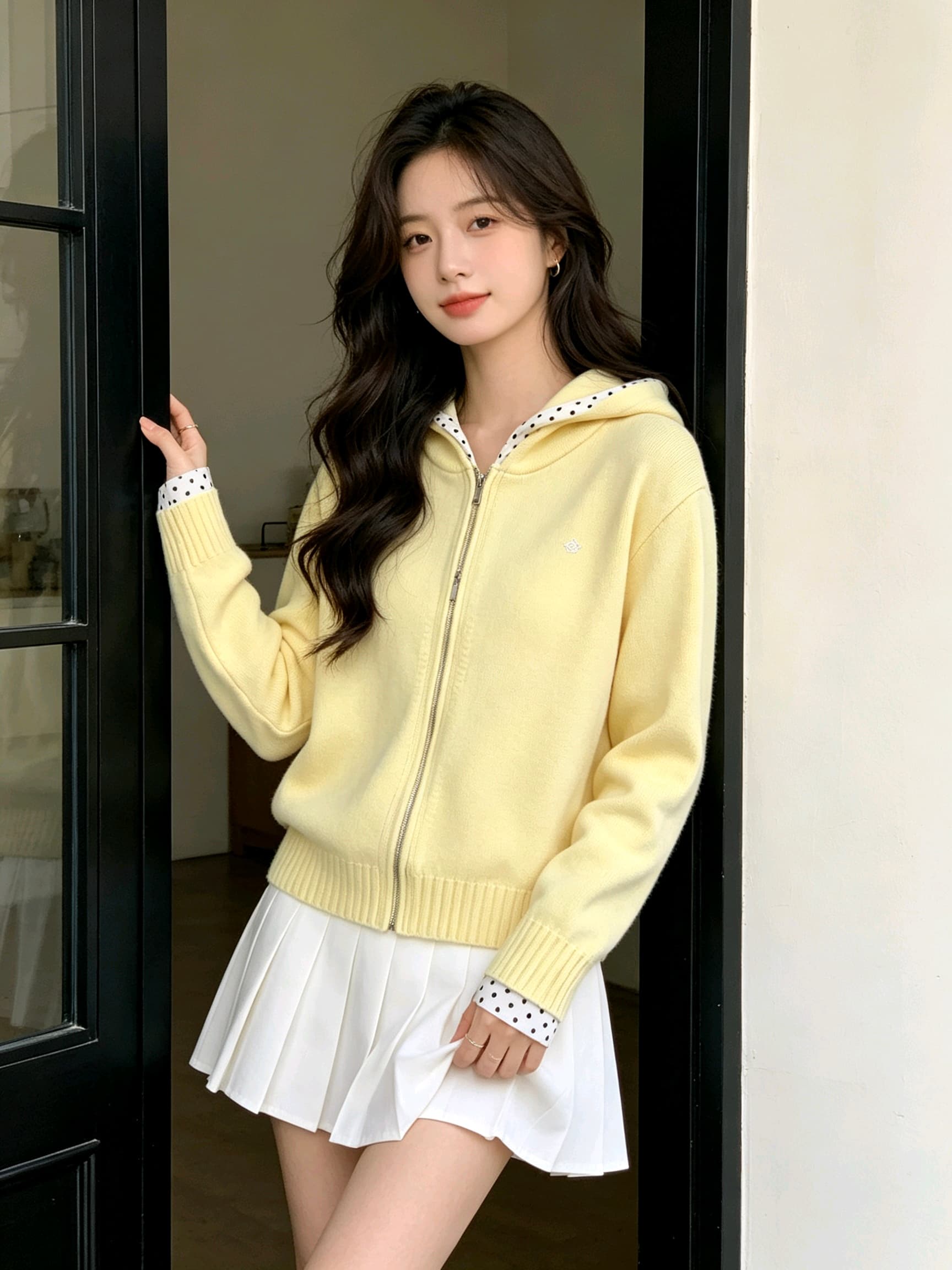 한 부서 느긋한 학원 스타일 후드 도트 무늬 패치워크 스웨터 오픈 가디건 여성 봄 가을 지퍼 니트 재킷 맨위 상세 이미지 7