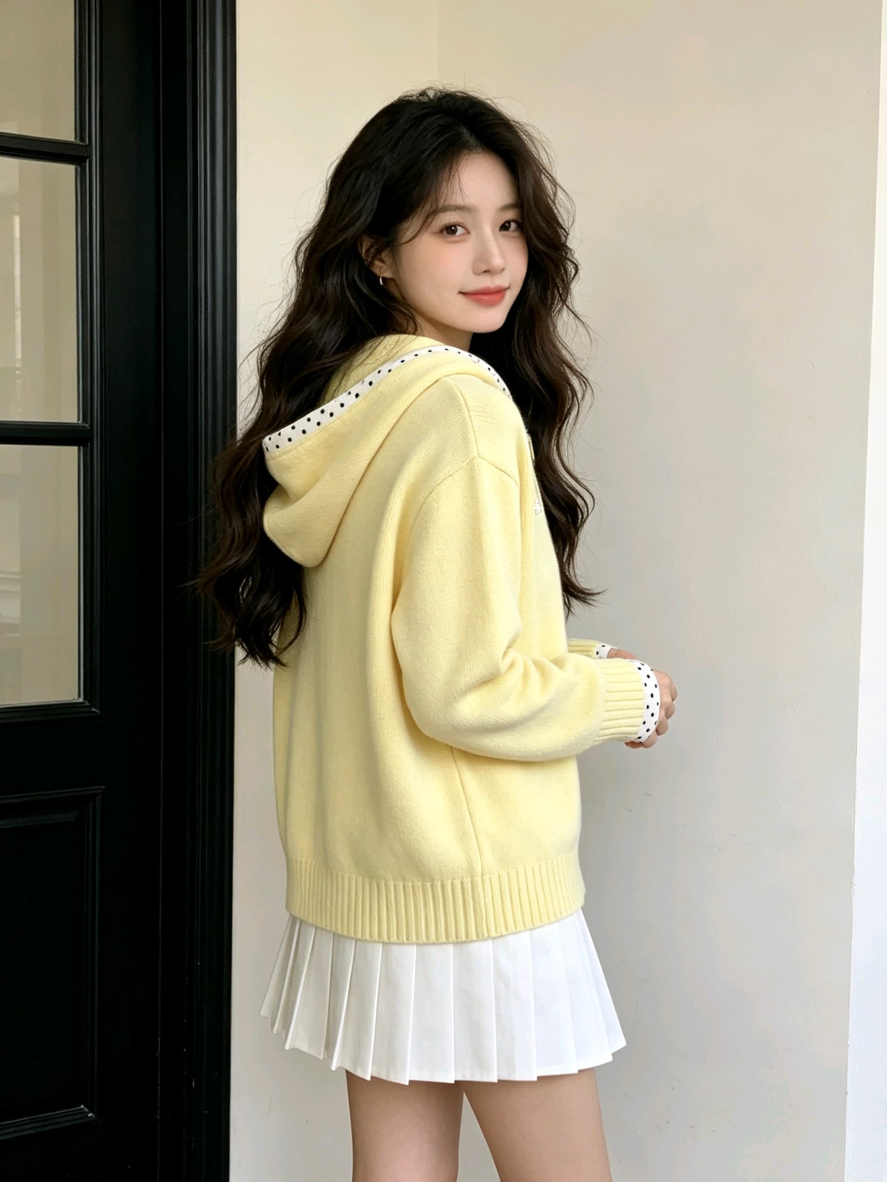 한 부서 느긋한 학원 스타일 후드 도트 무늬 패치워크 스웨터 오픈 가디건 여성 봄 가을 지퍼 니트 재킷 맨위 상세 이미지 8