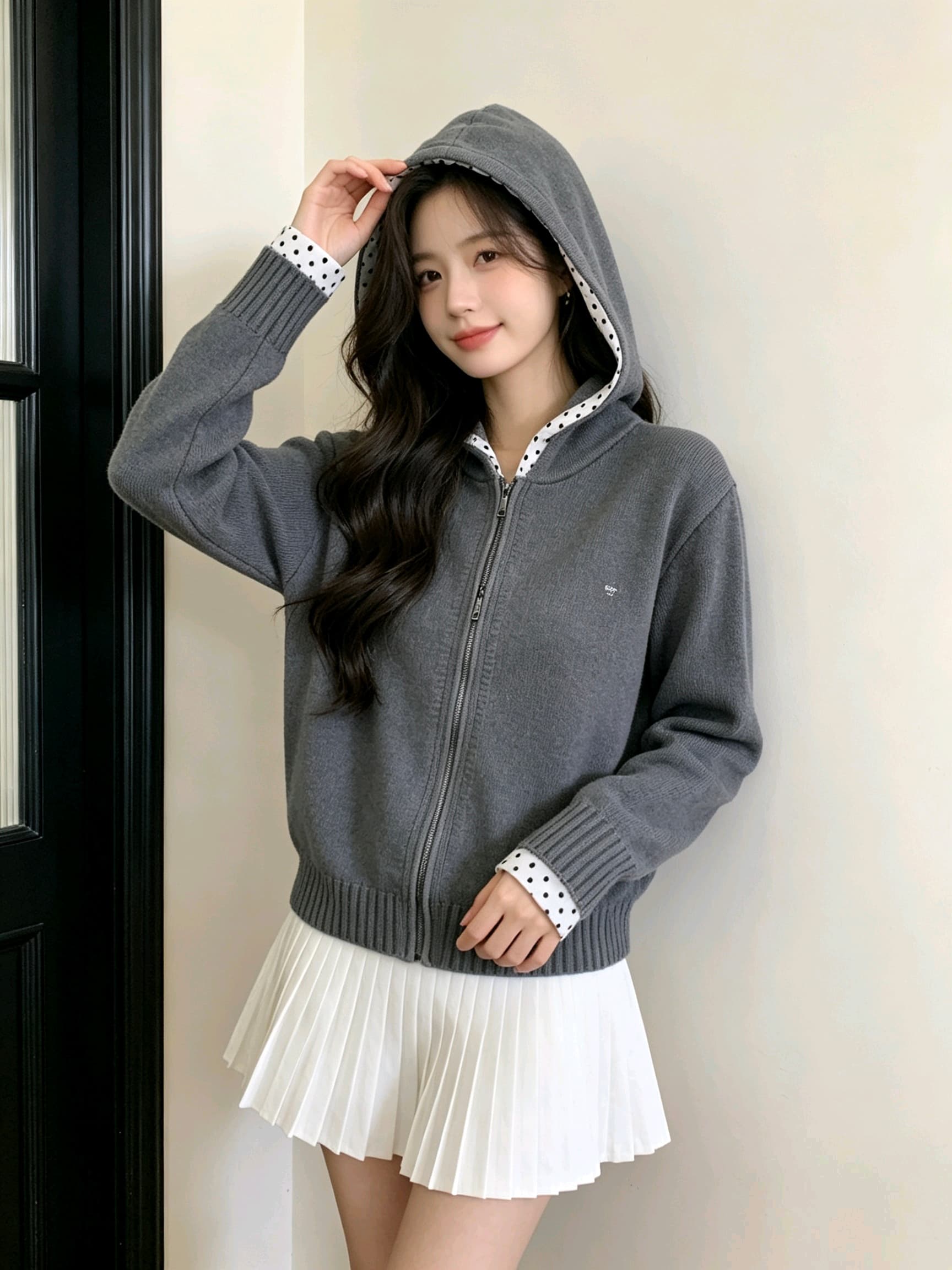 한 부서 느긋한 학원 스타일 후드 도트 무늬 패치워크 스웨터 오픈 가디건 여성 봄 가을 지퍼 니트 재킷 맨위 상세 이미지 20