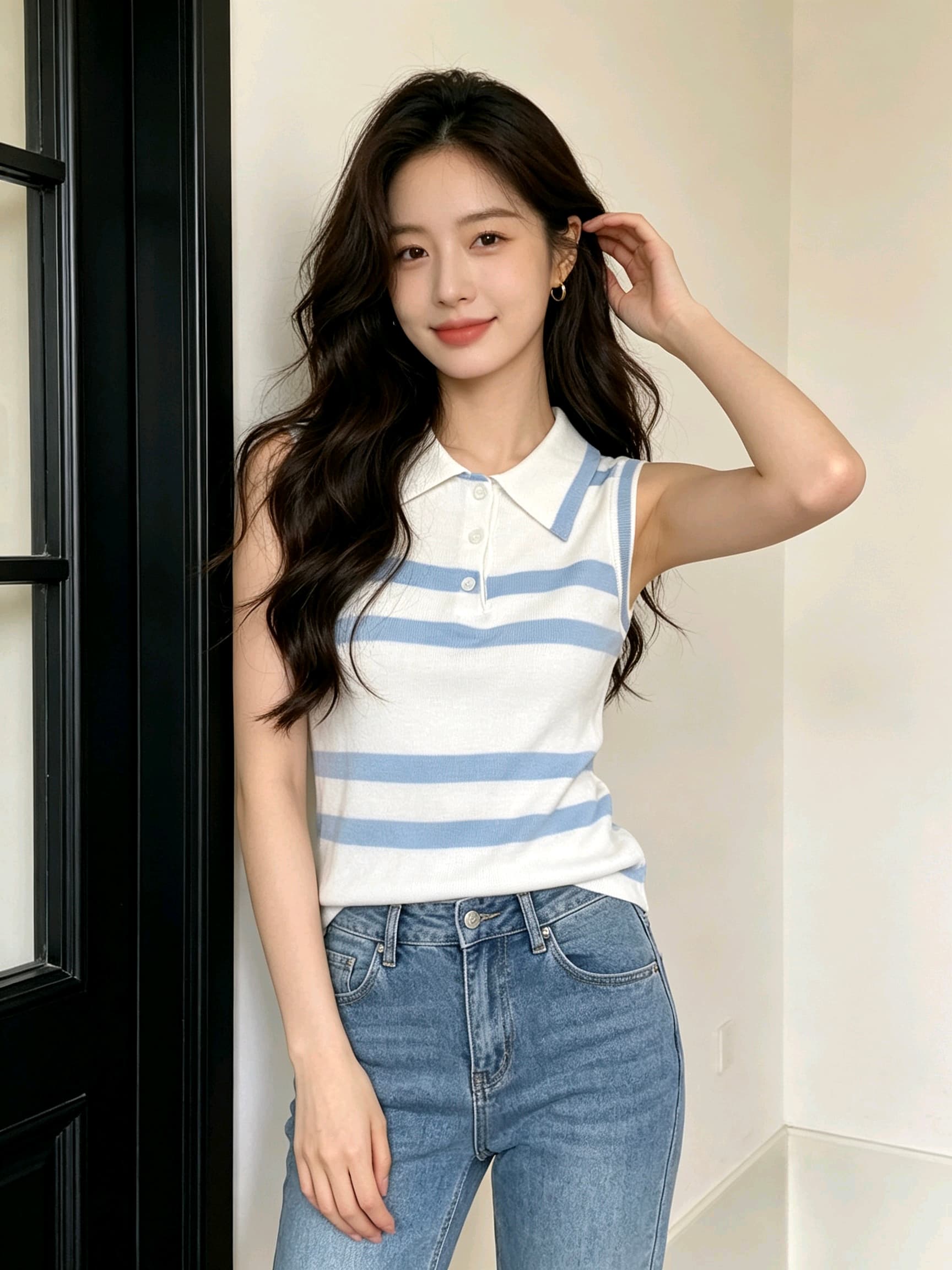 파란색 스트라이프 자수 학원 스타일 니트 조끼 여성 여름 2026 새로운 패션 몸매 가꾸기 슬림해 보이는 민소매 맨위 이미지 4