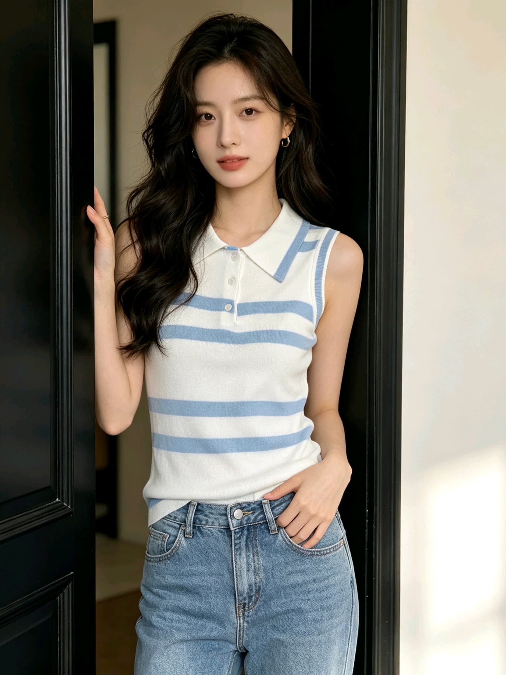 파란색 스트라이프 자수 학원 스타일 니트 조끼 여성 여름 2026 새로운 패션 몸매 가꾸기 슬림해 보이는 민소매 맨위 상세 이미지 1