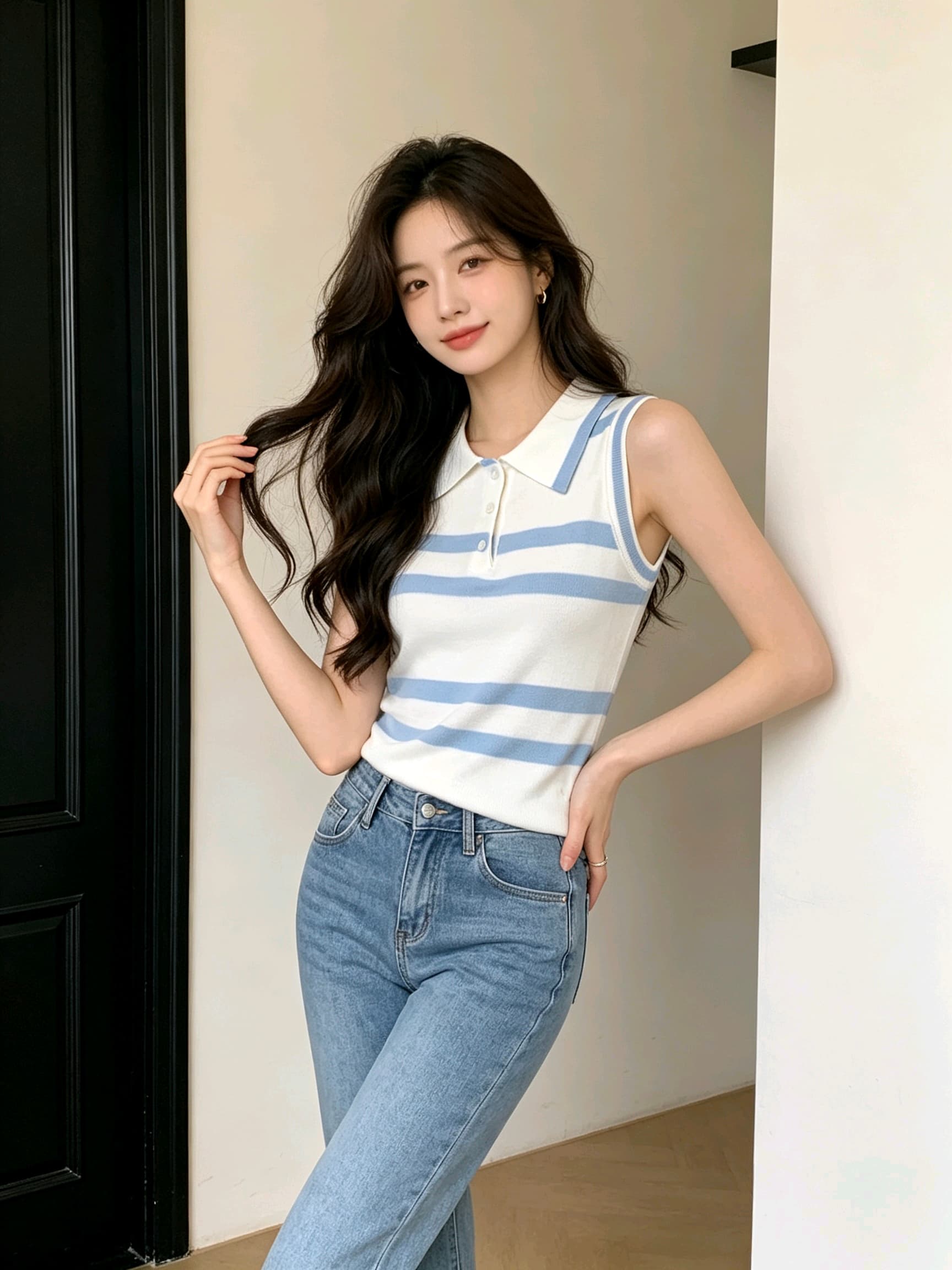 파란색 스트라이프 자수 학원 스타일 니트 조끼 여성 여름 2026 새로운 패션 몸매 가꾸기 슬림해 보이는 민소매 맨위 상세 이미지 3