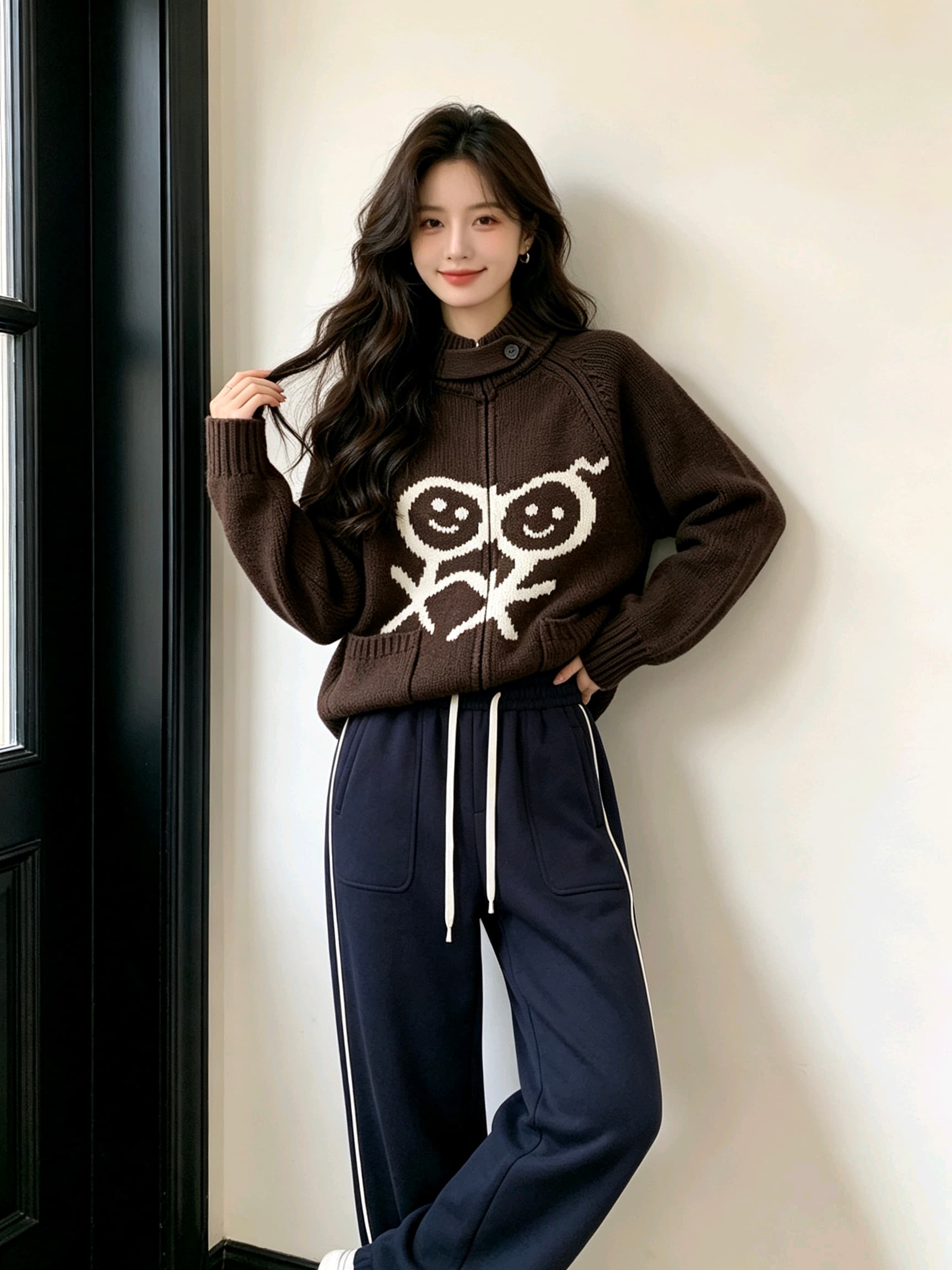 한 부서 작은 대중 무대 로드 중 재미있는 작은 남자 자카드 더블 주머니 스탠드 칼라 쇼트 스타일 지퍼 니트 카디건 코트 남녀 상세 이미지 1