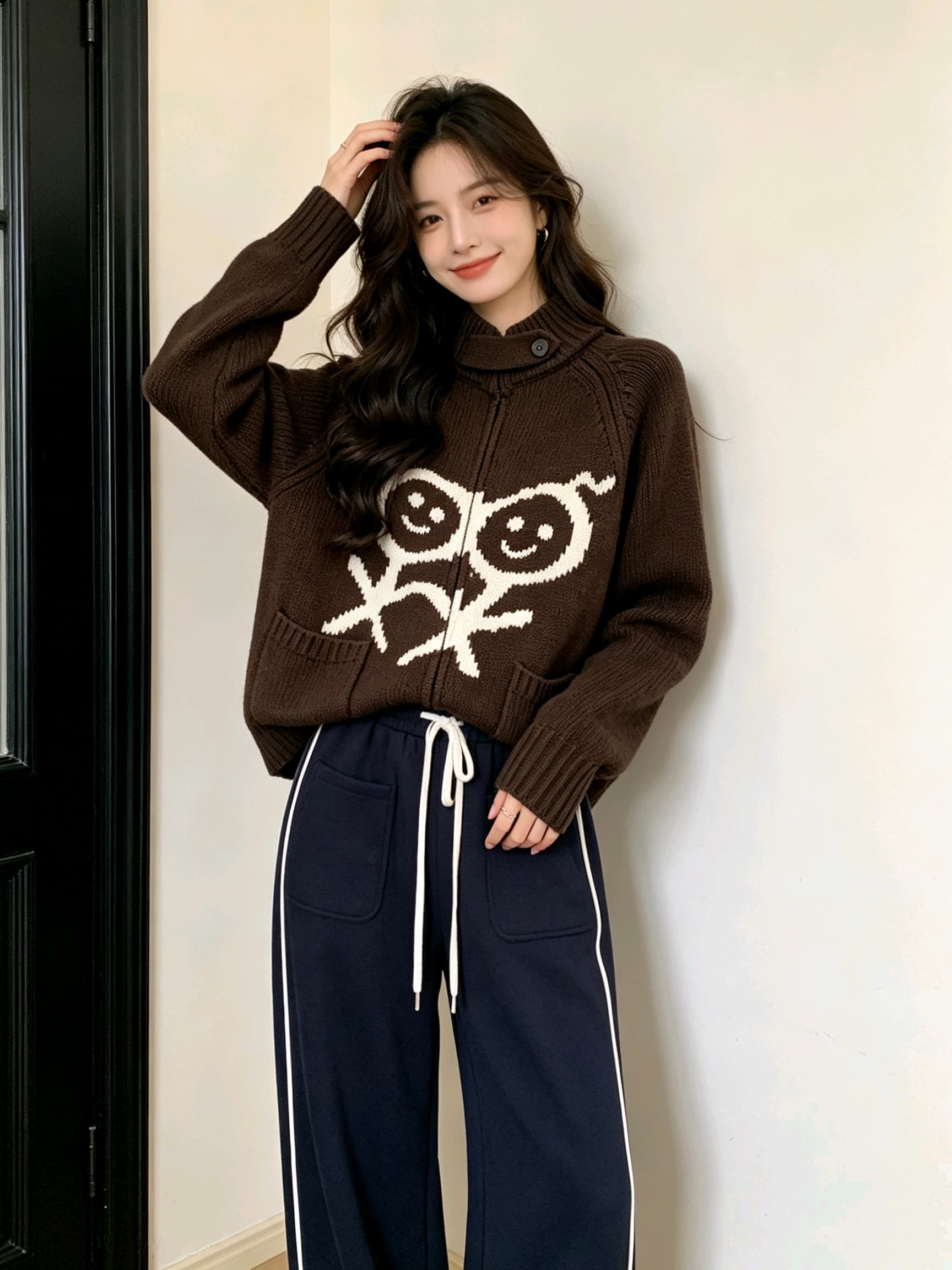 한 부서 작은 대중 무대 로드 중 재미있는 작은 남자 자카드 더블 주머니 스탠드 칼라 쇼트 스타일 지퍼 니트 카디건 코트 남녀 상세 이미지 2