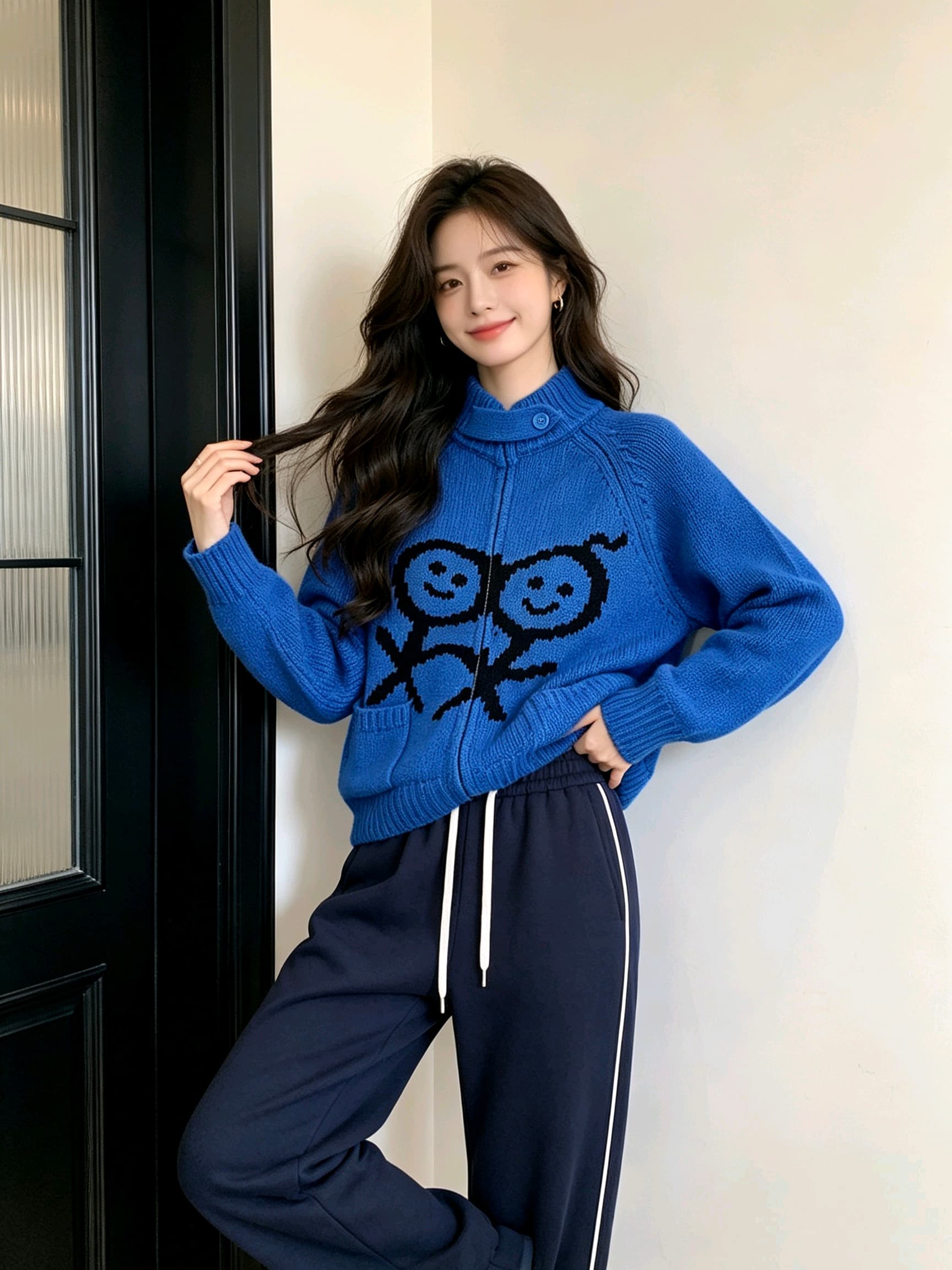 한 부서 작은 대중 무대 로드 중 재미있는 작은 남자 자카드 더블 주머니 스탠드 칼라 쇼트 스타일 지퍼 니트 카디건 코트 남녀 상세 이미지 7