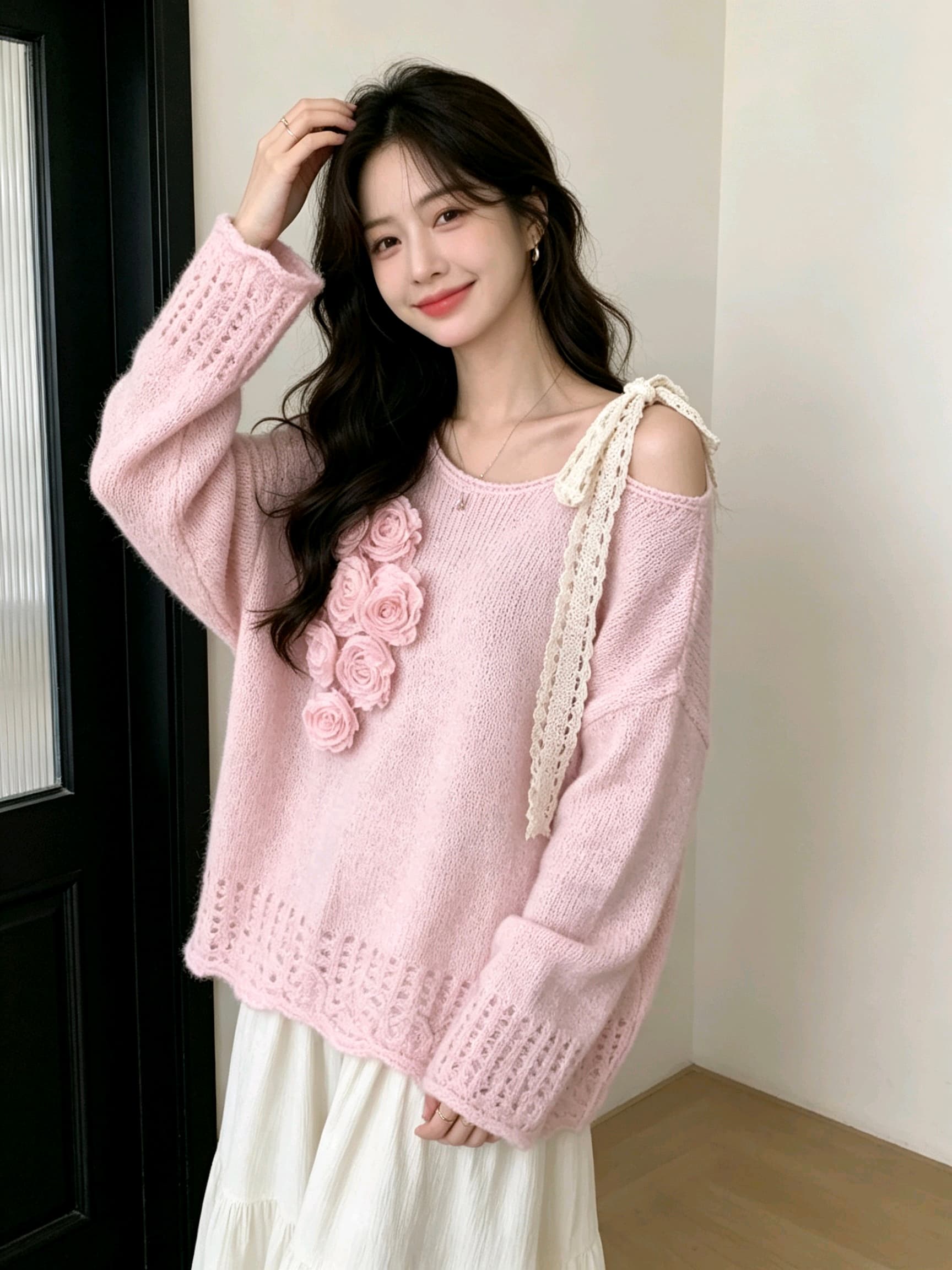 프랑스식 우아함 오프숄더 레이스업 무거운 작업 꽃 풀오버 니트 스웨터 달콤함 품격 다용도 스웨터 여자 상세 이미지 1