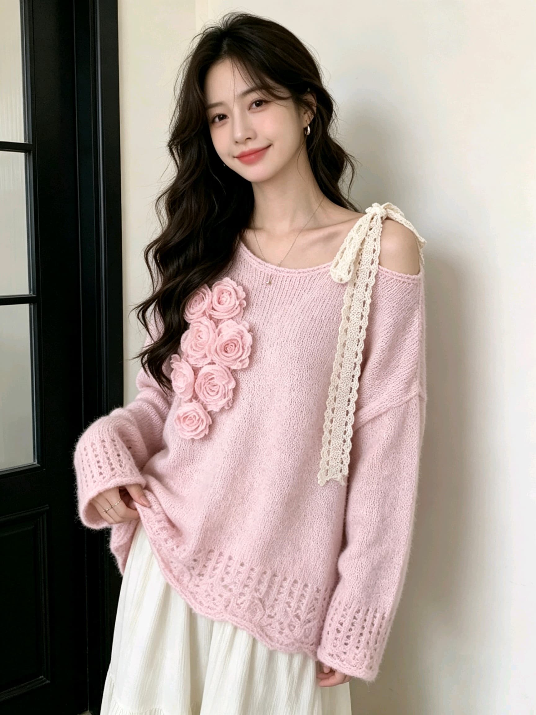 프랑스식 우아함 오프숄더 레이스업 무거운 작업 꽃 풀오버 니트 스웨터 달콤함 품격 다용도 스웨터 여자 상세 이미지 3