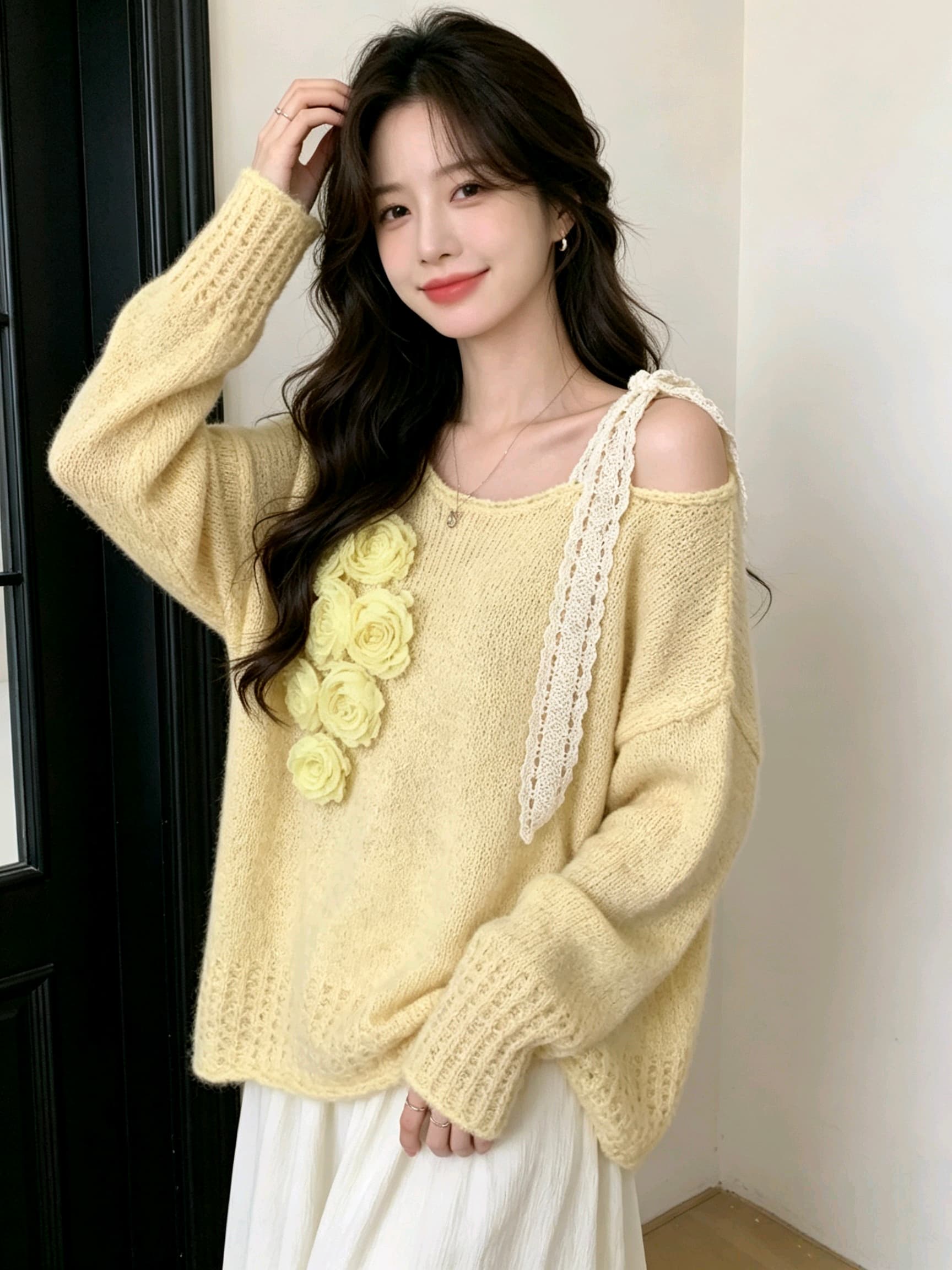 프랑스식 우아함 오프숄더 레이스업 무거운 작업 꽃 풀오버 니트 스웨터 달콤함 품격 다용도 스웨터 여자 상세 이미지 5