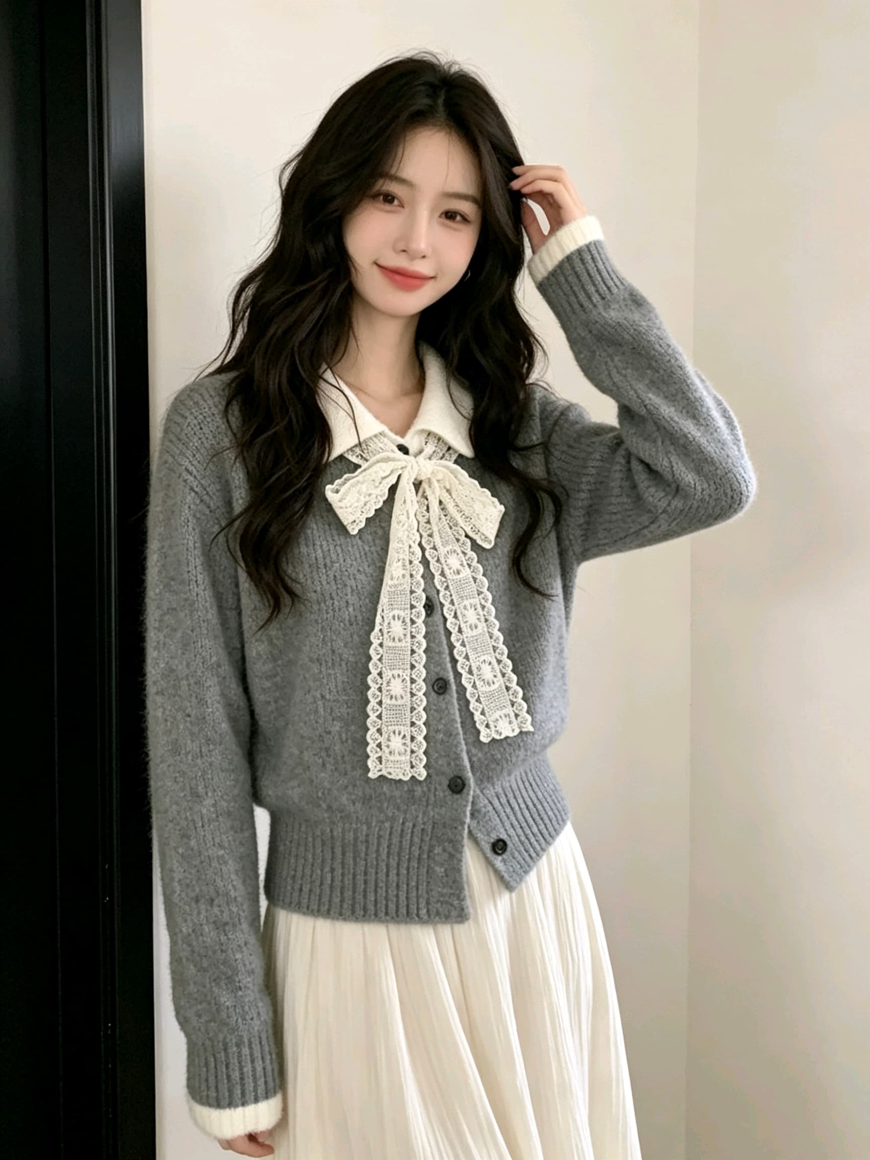 한 부서 분위기 센스 레이스 나비 매듭 스웨터 오픈 가디건 여성 가을 배색 POLO 칼라 와이드 부드러운 찹쌀 니트 재킷 이미지 5