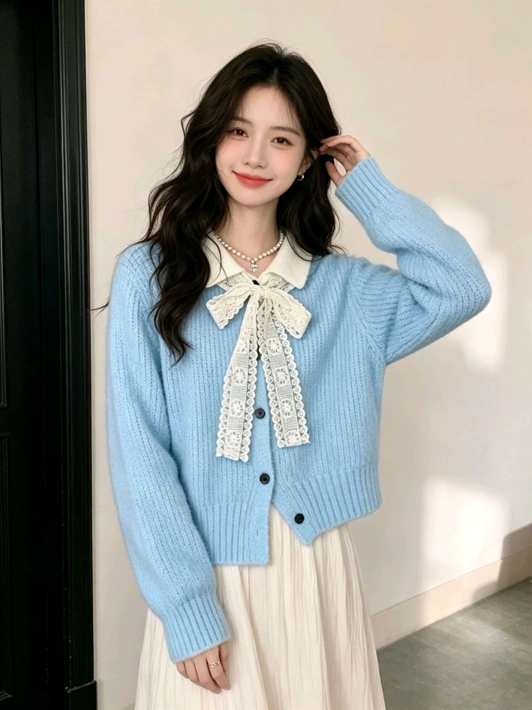 한 부서 분위기 센스 레이스 나비 매듭 스웨터 오픈 가디건 여성 가을 배색 POLO 칼라 와이드 부드러운 찹쌀 니트 재킷 상세 이미지 1