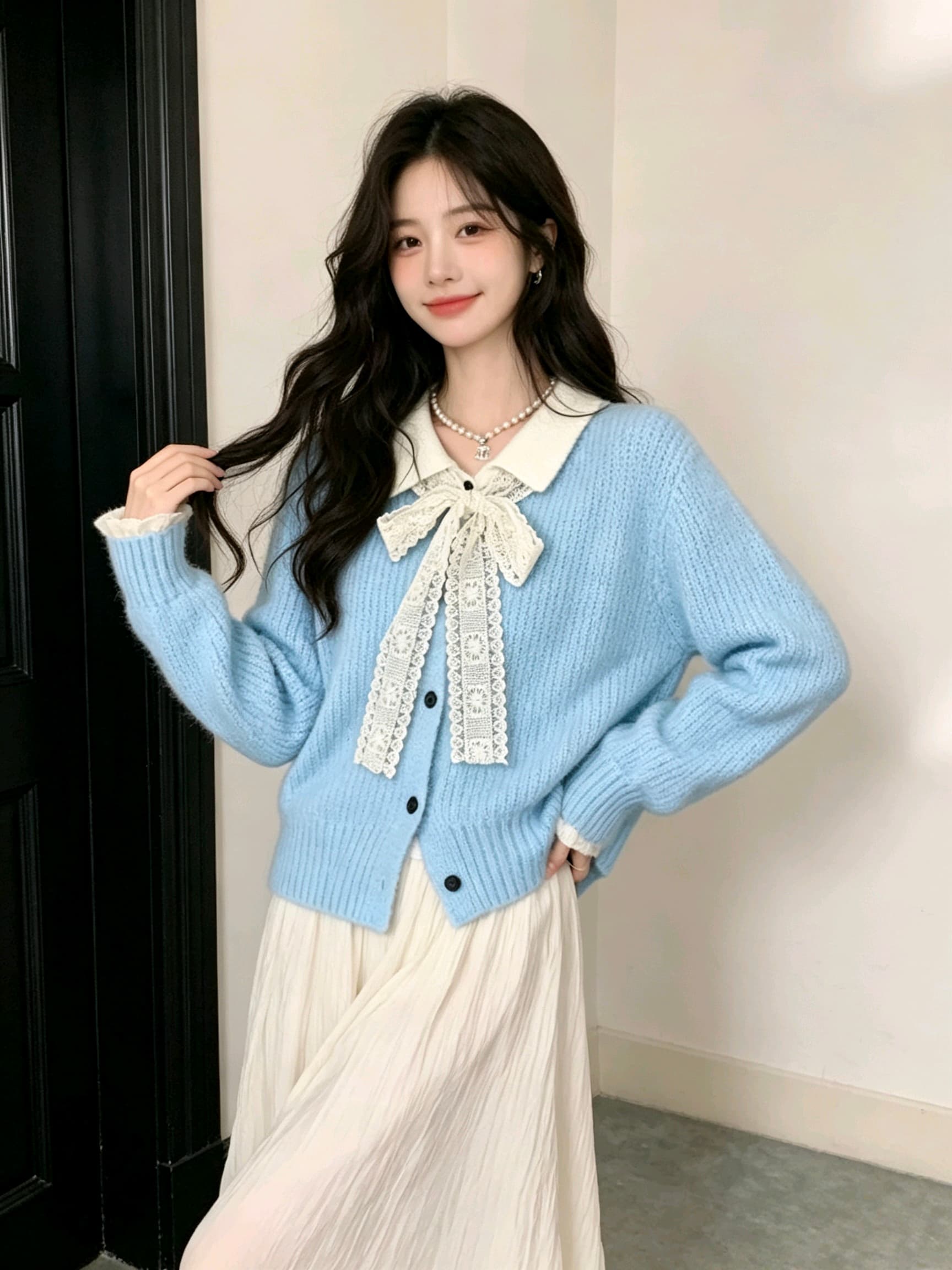 한 부서 분위기 센스 레이스 나비 매듭 스웨터 오픈 가디건 여성 가을 배색 POLO 칼라 와이드 부드러운 찹쌀 니트 재킷 상세 이미지 2