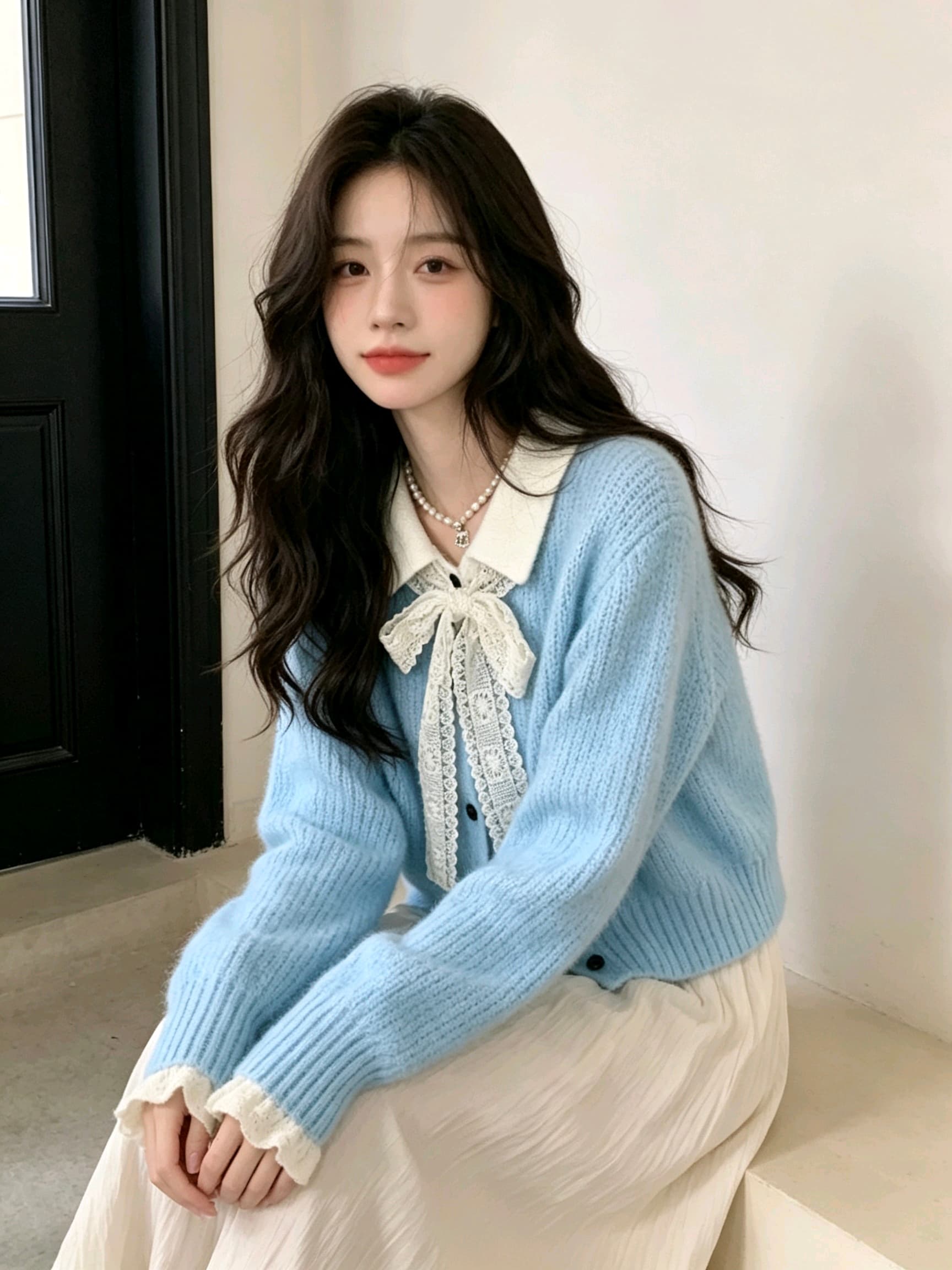 한 부서 분위기 센스 레이스 나비 매듭 스웨터 오픈 가디건 여성 가을 배색 POLO 칼라 와이드 부드러운 찹쌀 니트 재킷 상세 이미지 3