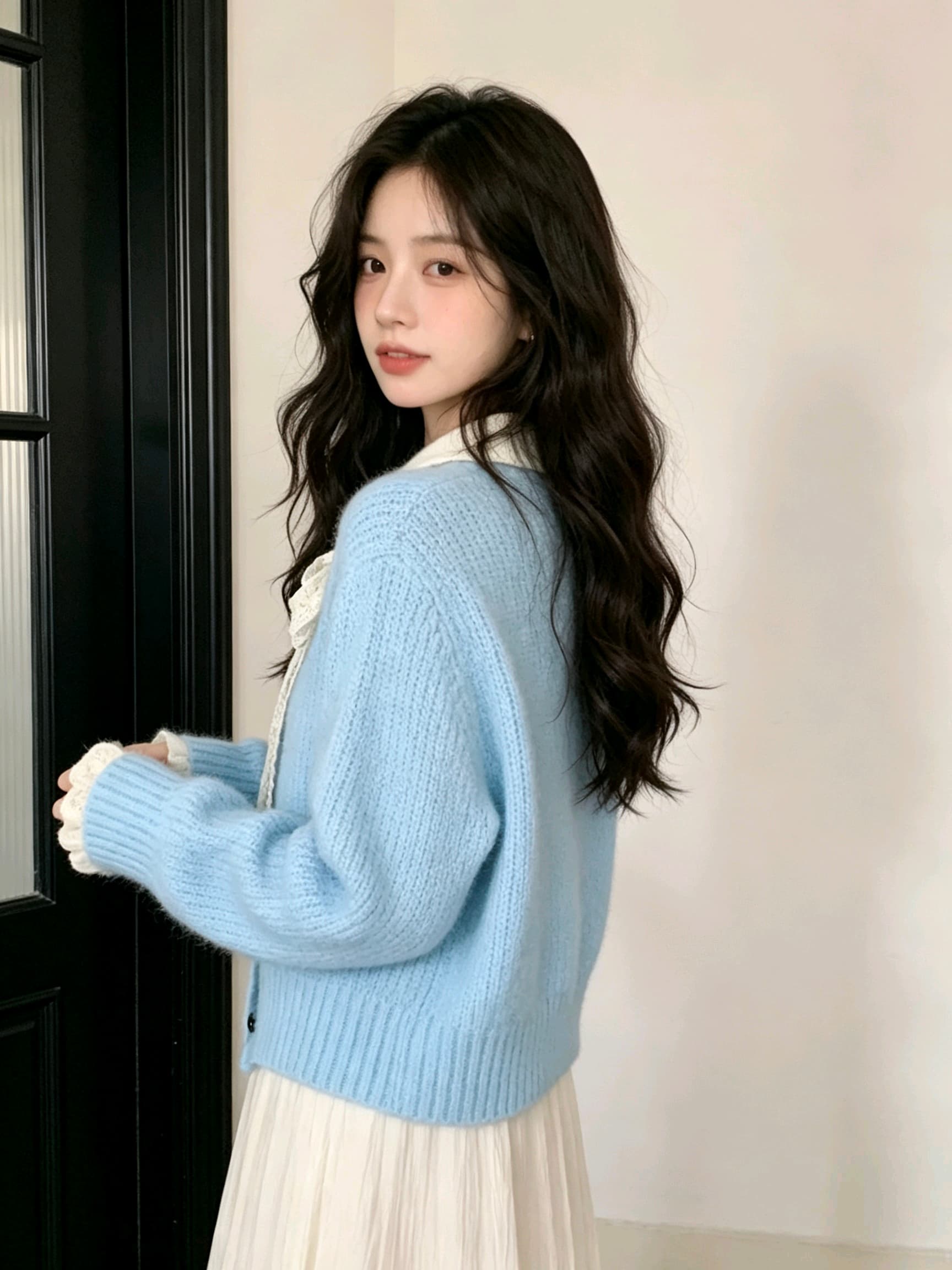 한 부서 분위기 센스 레이스 나비 매듭 스웨터 오픈 가디건 여성 가을 배색 POLO 칼라 와이드 부드러운 찹쌀 니트 재킷 상세 이미지 4