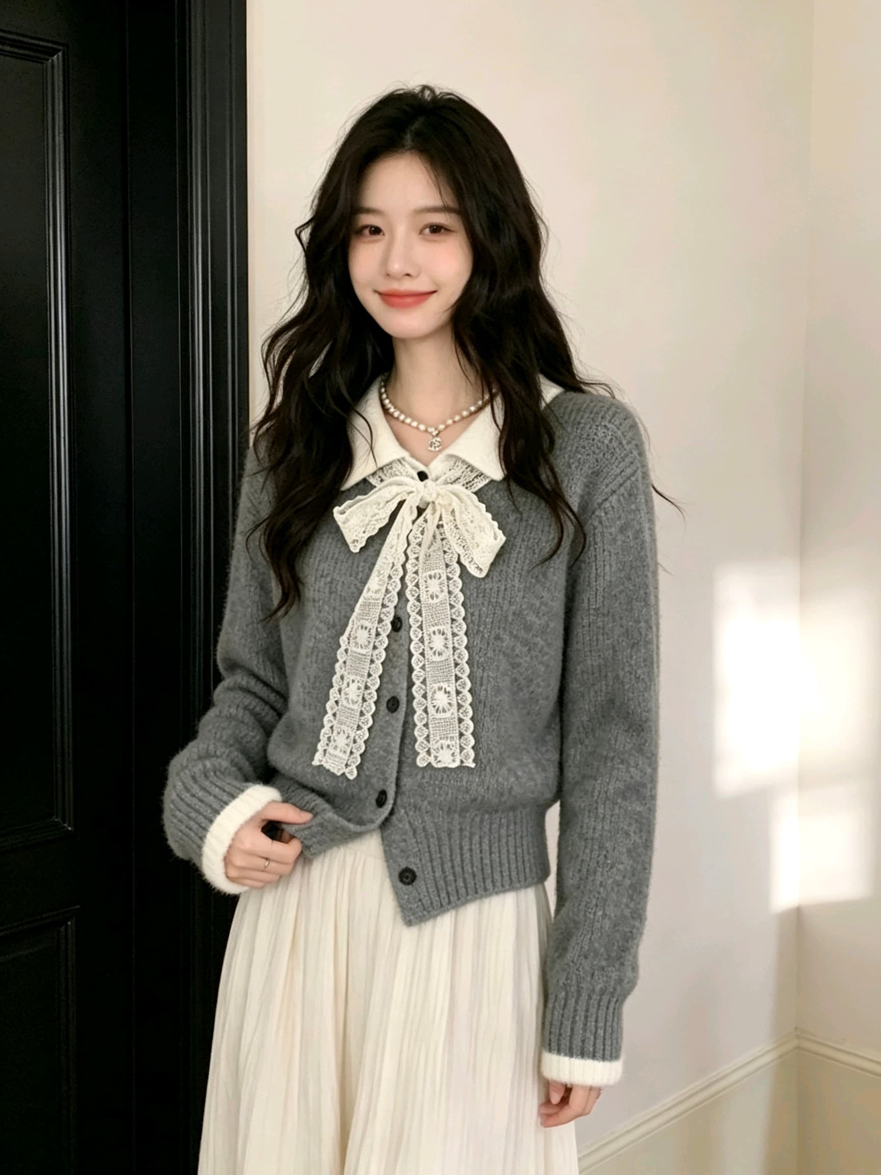 한 부서 분위기 센스 레이스 나비 매듭 스웨터 오픈 가디건 여성 가을 배색 POLO 칼라 와이드 부드러운 찹쌀 니트 재킷 상세 이미지 8
