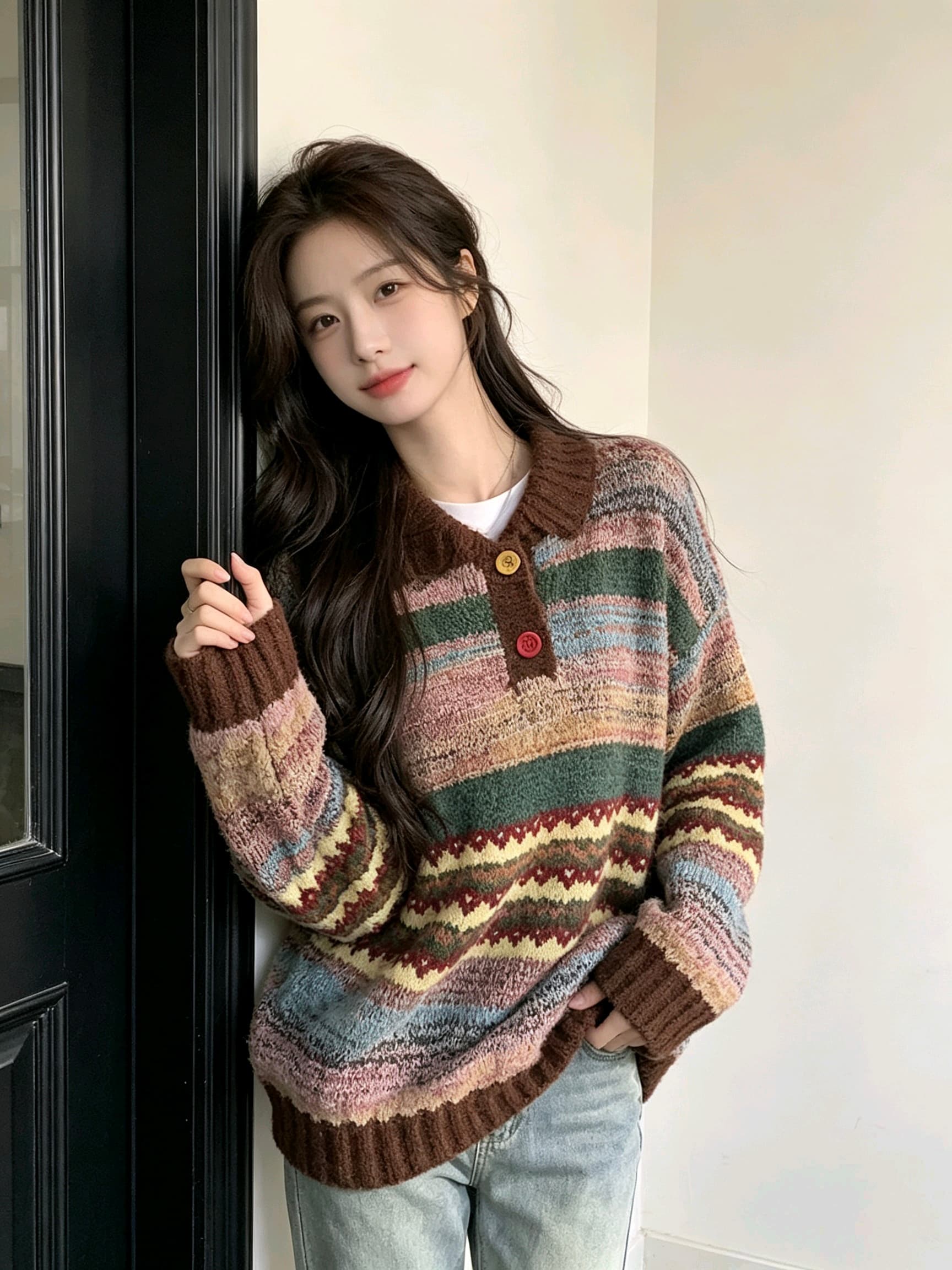 봄 가을 새로운 아름다움 라드. 착용 가져 가라. 색상 스트라이프 폴로 칼라 스웨터 오픈 가디건 여성 가을 겨울철 느긋한 바람 니트 재킷 이미지 4