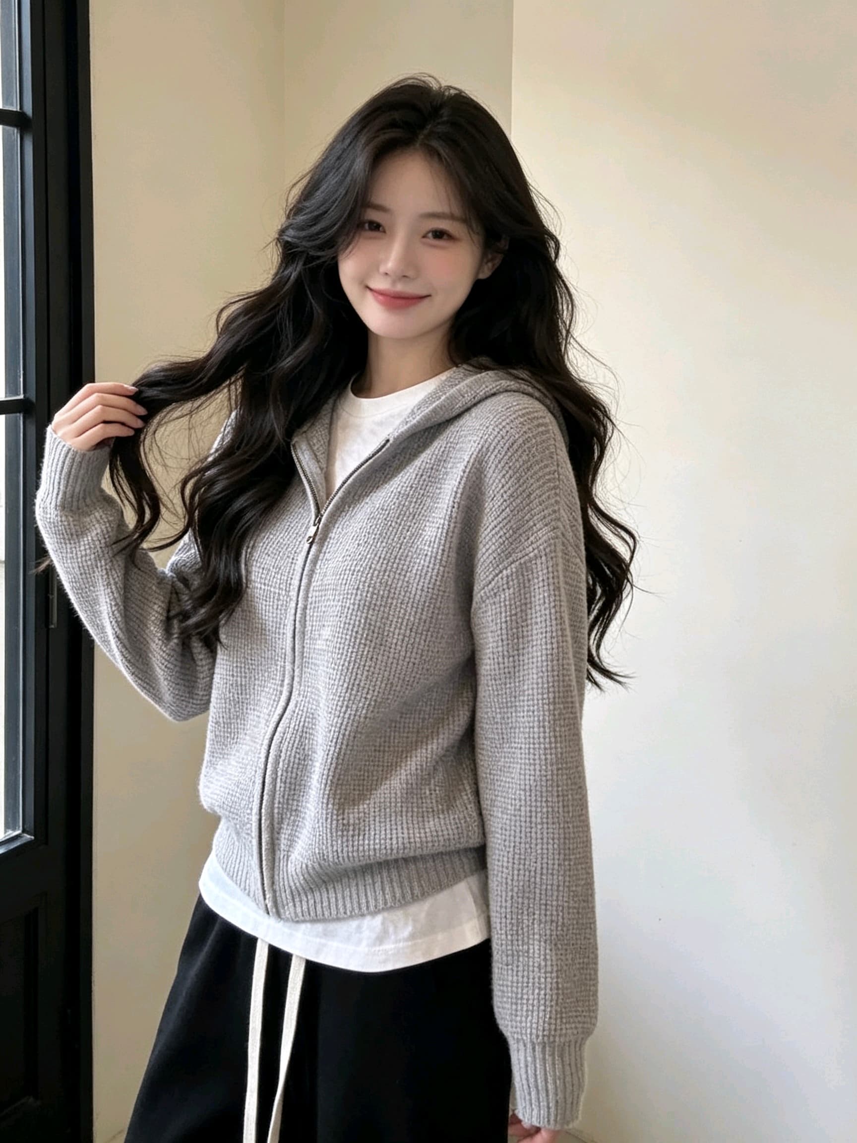 한 부서 느긋한 바람 여성 코트 2026 새로운 가을 스웨터 후아 남편 그리드 후드 오픈 가디건 ins 트렌디 상세 이미지 6