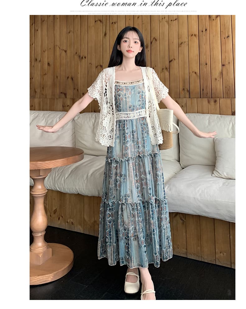 2026 보헤미안 레트로 휴가 슬립 롱 스커트 슈퍼 요정 쉬폰 빅 사이즈 드레스 오픈 가디건 투피스 세트 상세 이미지 11