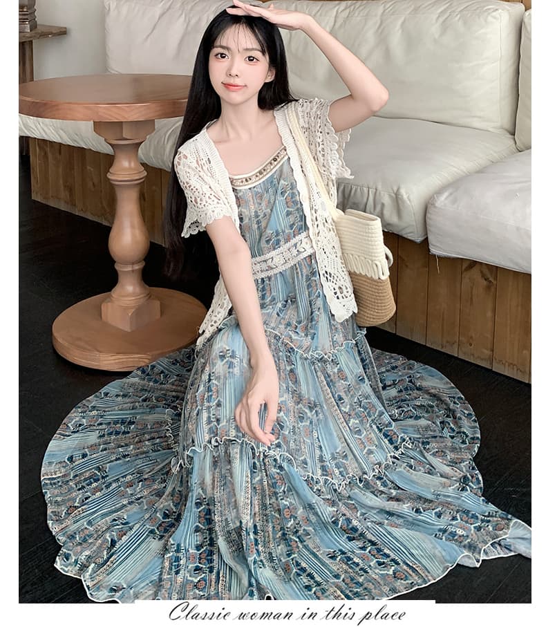 2026 보헤미안 레트로 휴가 슬립 롱 스커트 슈퍼 요정 쉬폰 빅 사이즈 드레스 오픈 가디건 투피스 세트 상세 이미지 12