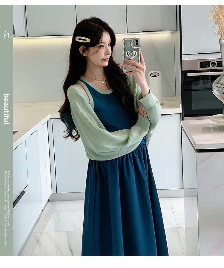 실사 출산 착용 봄 드레스 한국 스타일 몸매 가꾸기 슬림해 보이는 매운맛 엄마 투피스 세트 패치워크 점프 슈트 치마 세트 상세 이미지 4