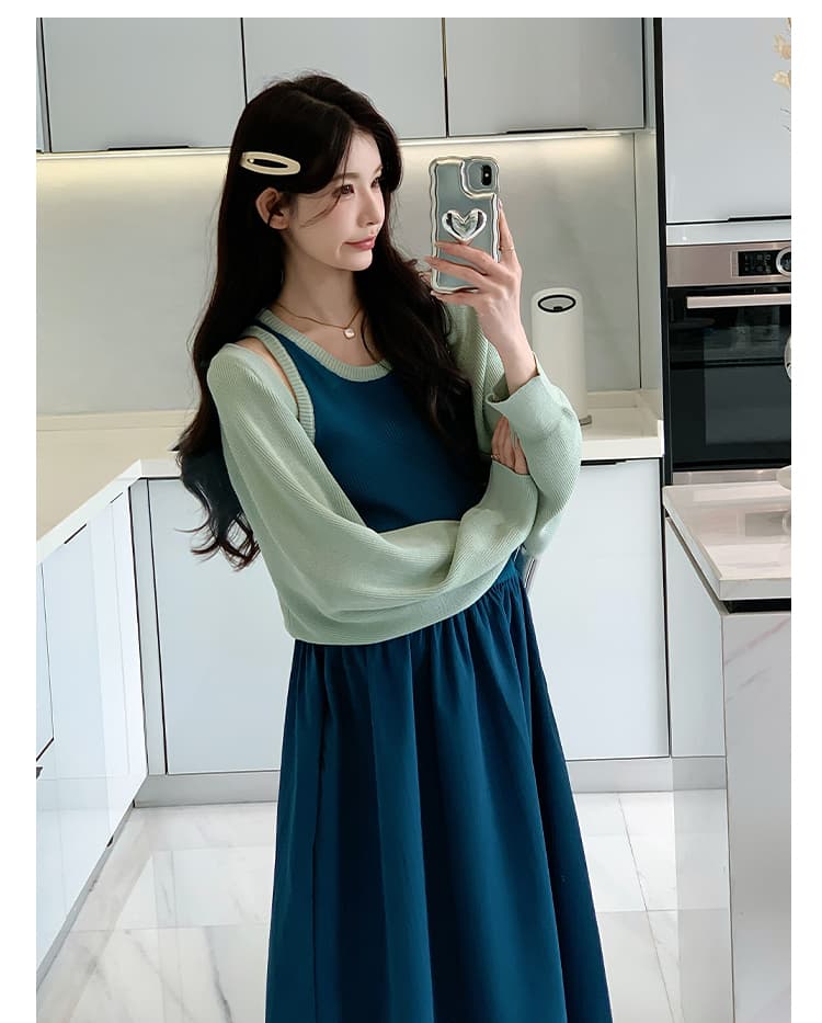 실사 출산 착용 봄 드레스 한국 스타일 몸매 가꾸기 슬림해 보이는 매운맛 엄마 투피스 세트 패치워크 점프 슈트 치마 세트 상세 이미지 9