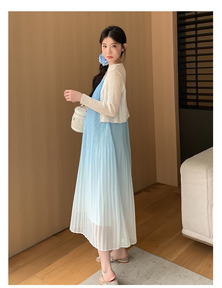 실사 지금 지금 인터넷 유명인 출산 착용 한국 스타일 플리츠 슬립 드레스 자외선 차단 재킷 임산부 투피스 드레스 상세 이미지 14