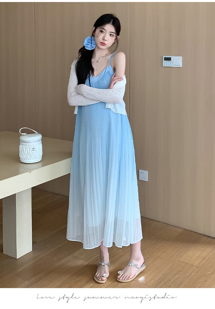 실사 지금 지금 인터넷 유명인 출산 착용 한국 스타일 플리츠 슬립 드레스 자외선 차단 재킷 임산부 투피스 드레스 상세 이미지 19