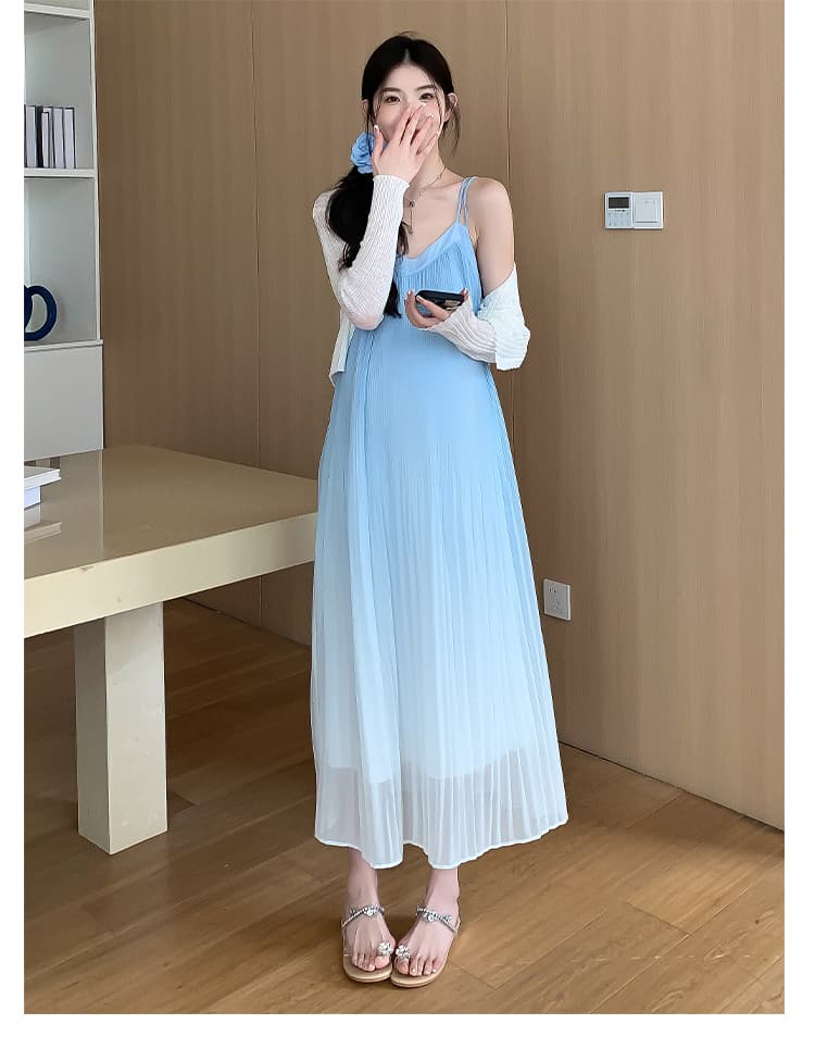 실사 지금 지금 인터넷 유명인 출산 착용 한국 스타일 플리츠 슬립 드레스 자외선 차단 재킷 임산부 투피스 드레스 상세 이미지 22