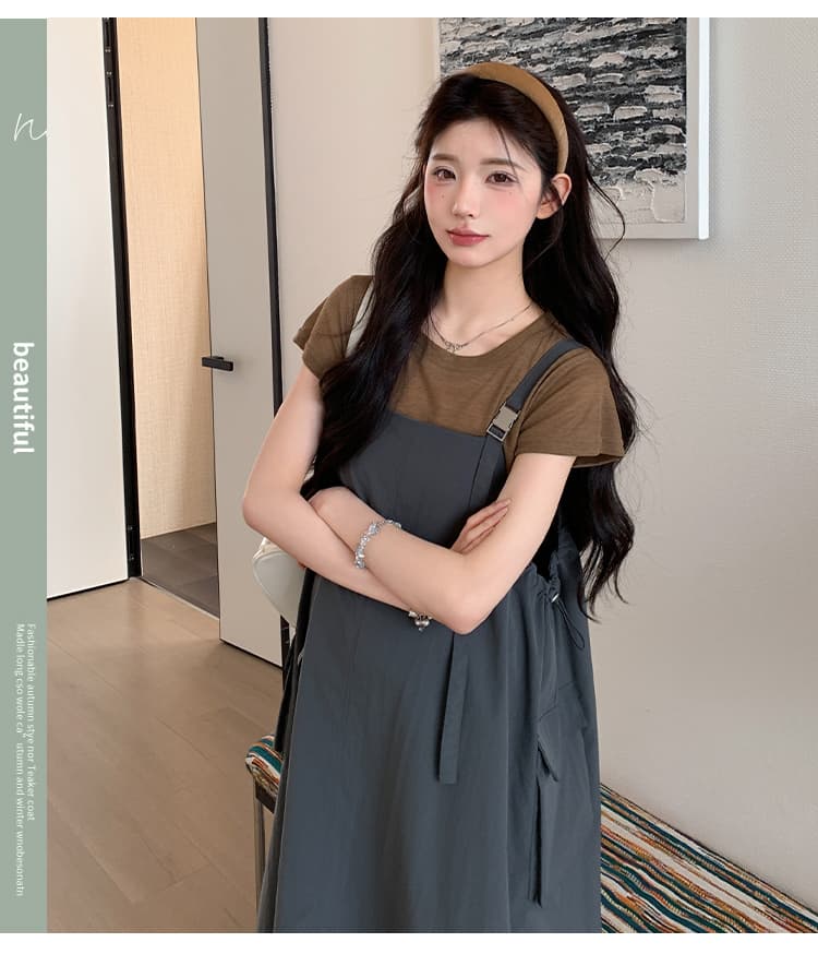 실사 선물 물품 새로운 한국 스타일 출산 착용 캐주얼 t+ 멜빵 스커트 투피스 세트 빅 사이즈 임산부 세트 상세 이미지 4