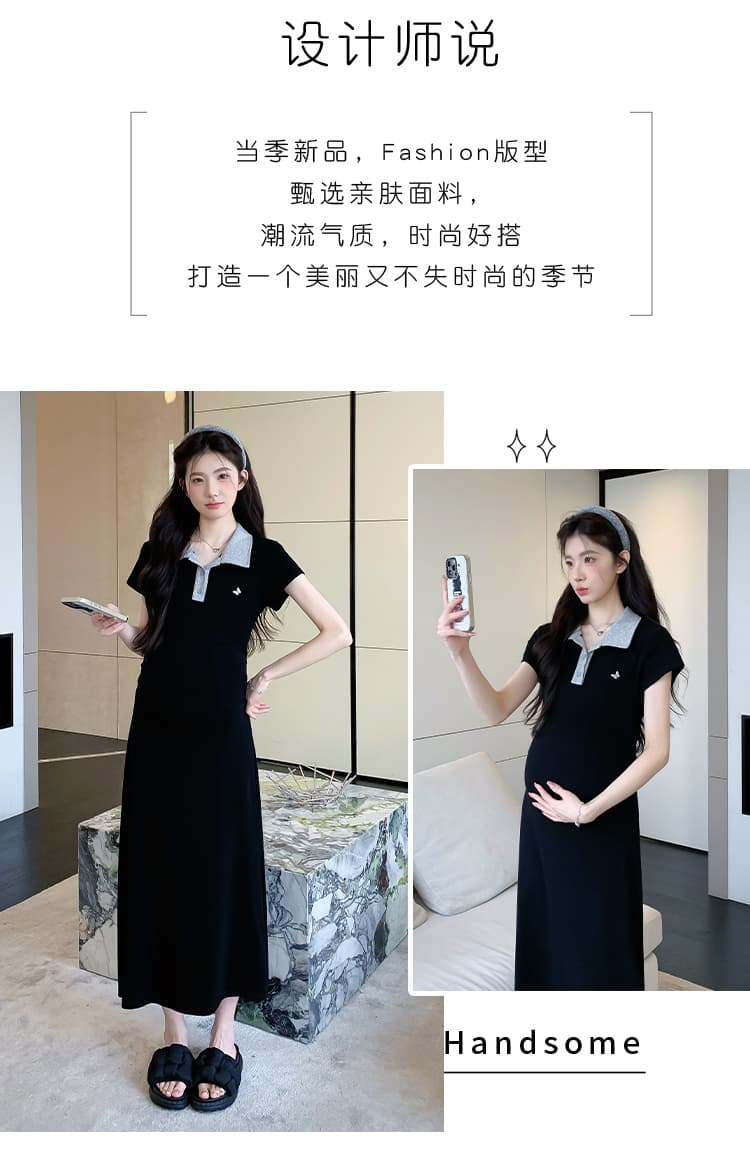 실사 지금 지금 여름 작은 키 출산 착용 한국 스타일 패션 몸매 가꾸기 슬림해 보이는 패치워크 자수 임산부 드레스 상세 이미지 2