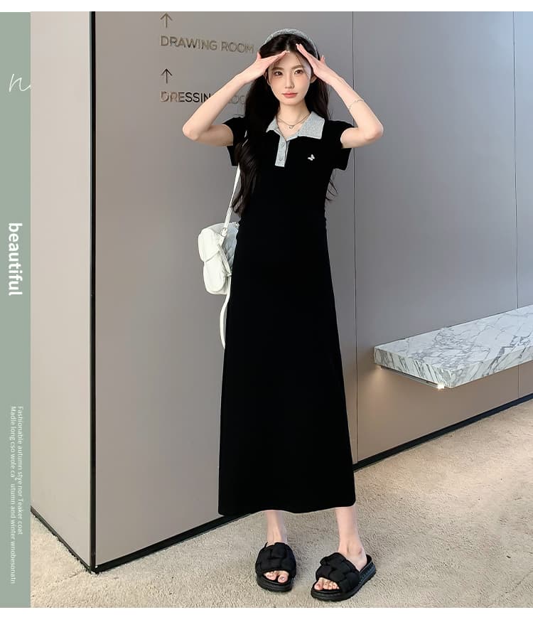실사 지금 지금 여름 작은 키 출산 착용 한국 스타일 패션 몸매 가꾸기 슬림해 보이는 패치워크 자수 임산부 드레스 상세 이미지 4