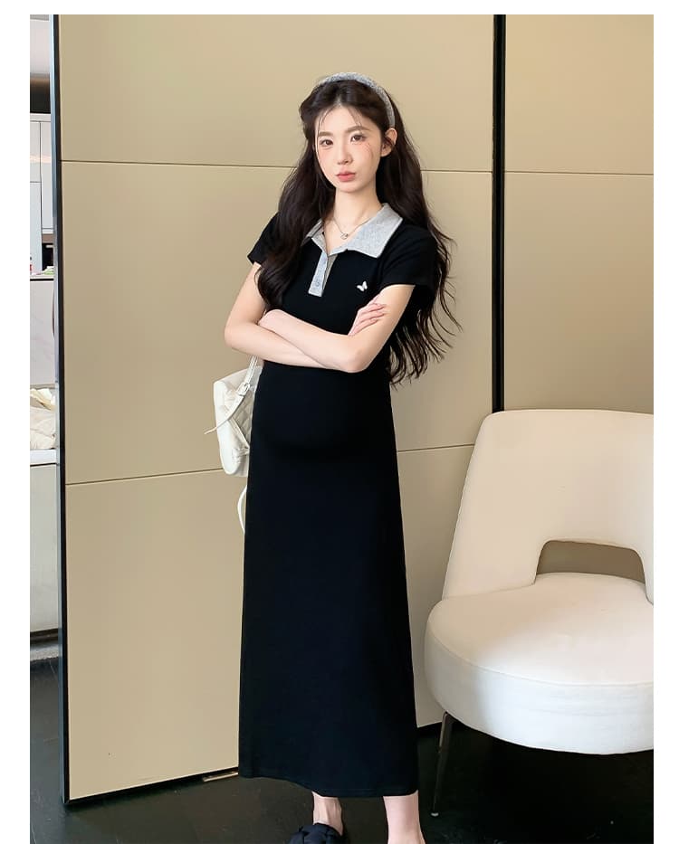 실사 지금 지금 여름 작은 키 출산 착용 한국 스타일 패션 몸매 가꾸기 슬림해 보이는 패치워크 자수 임산부 드레스 상세 이미지 8